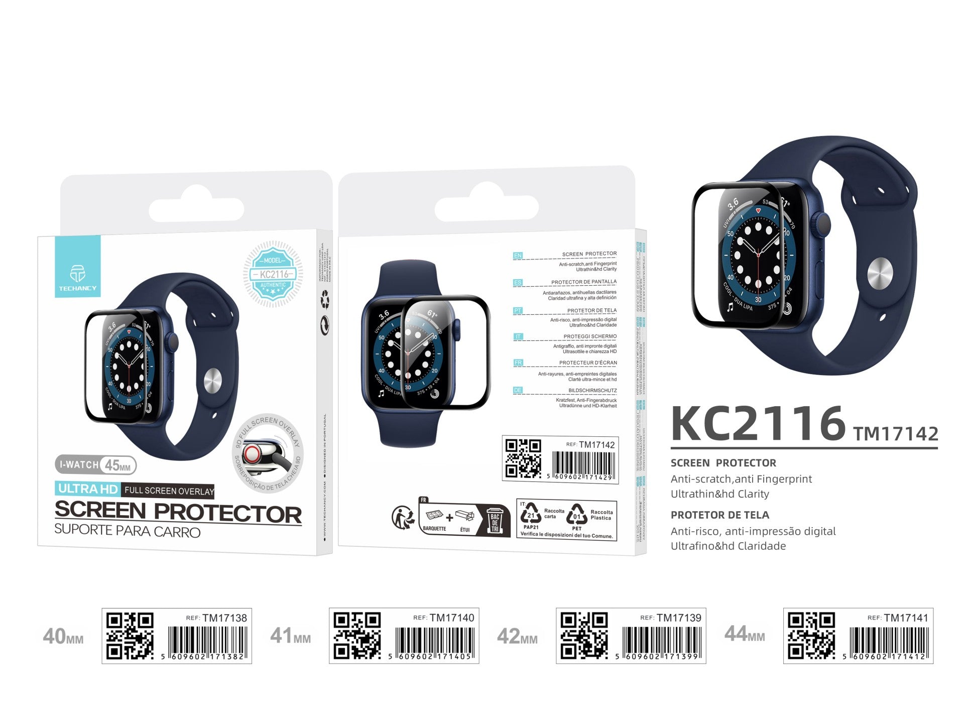 Techancy Protetor De Ecrã Para Relógios Inteligentes KC2116, Compatível Com Iwatch-45mm, Anti-Riscos, Hd Ultra-Fino.