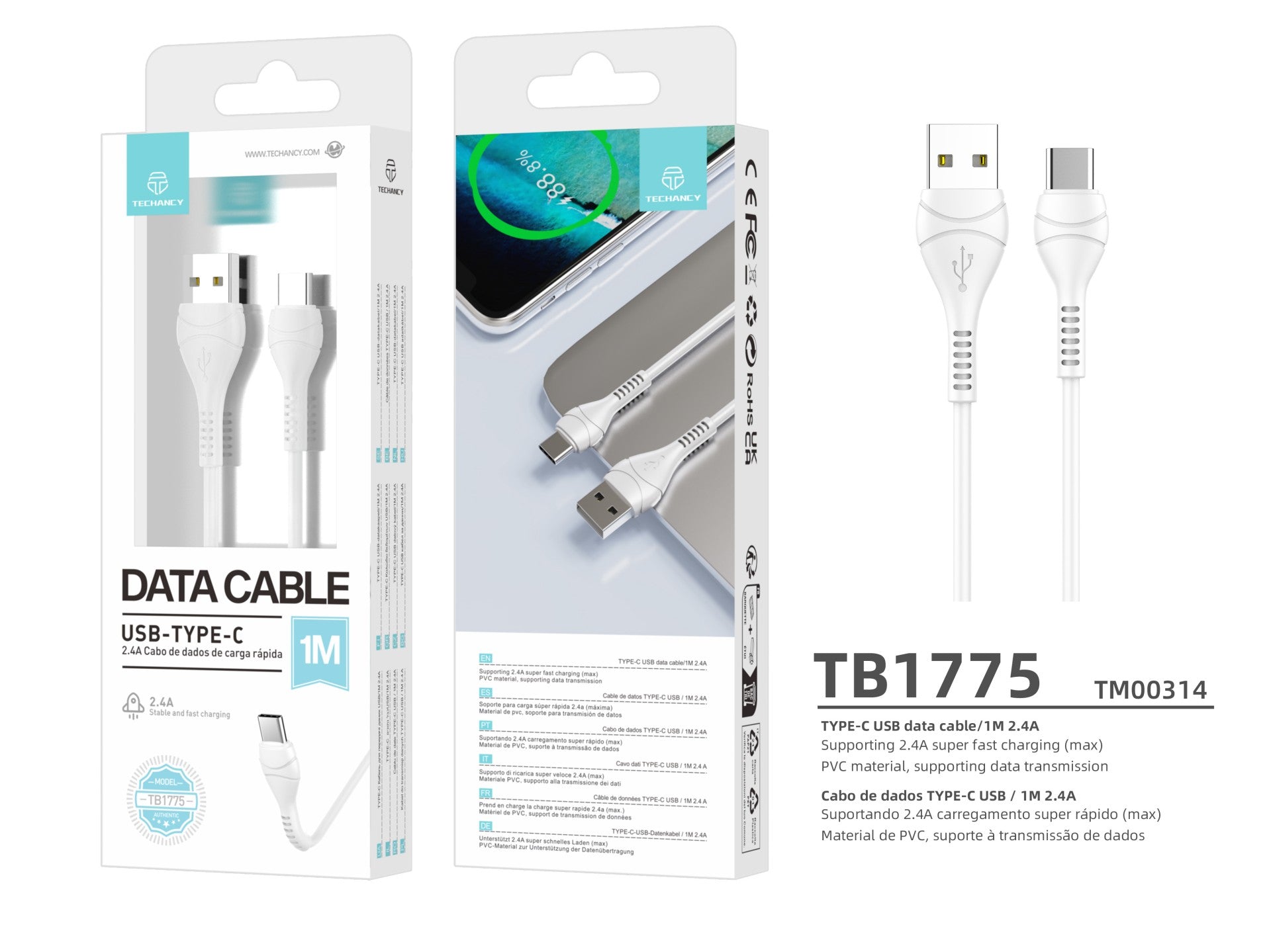 Techancy Cabo De Dados Usb-Type-C Branco 1M TB1775,Carregamento Rápido De 2,4 A, Suporta Transmissão De Dados, Material Pvc