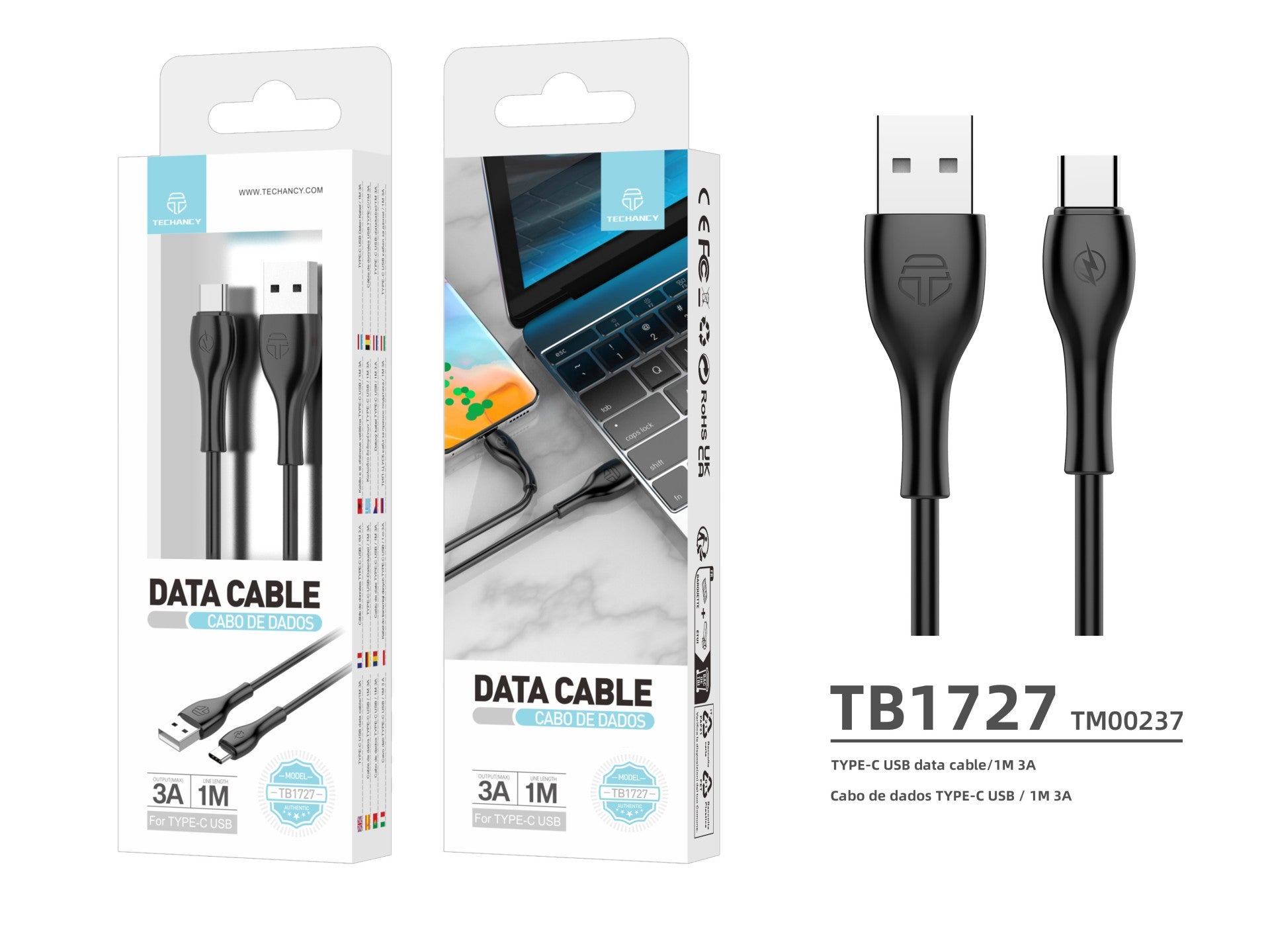 Techancy Cabo De Dados Rápido 3a TB1727, Conetor Usb-Tipo-c, 1 Metro De Comprimento Para Transferência De Dados, Preto