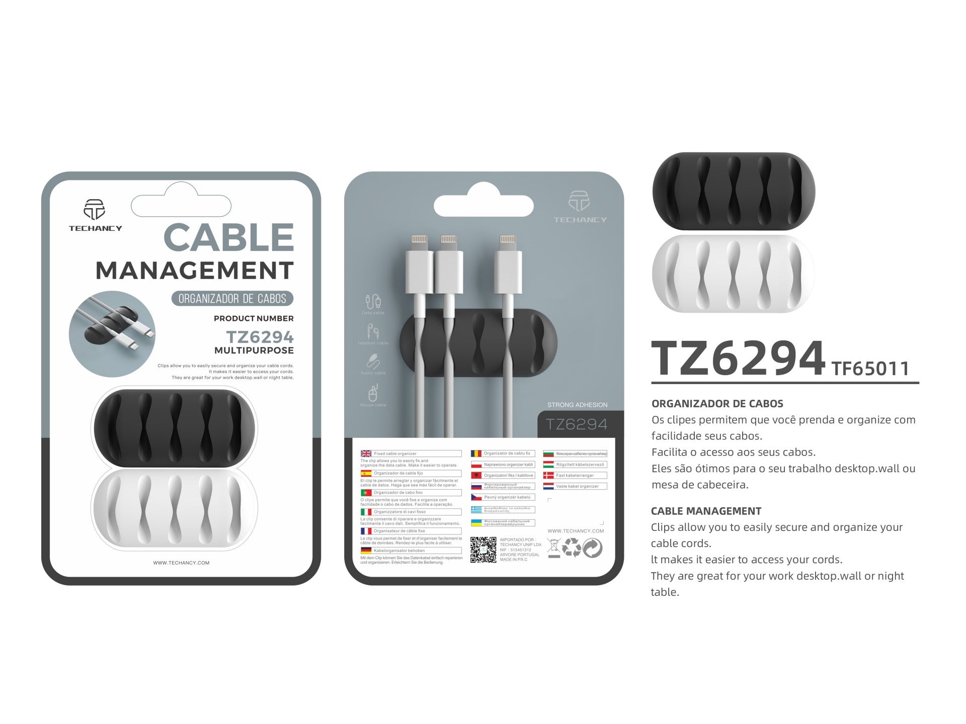 Suporte para cabos Techancy, TZ6294, 2 unidades, organizador de cabos, preto + branco