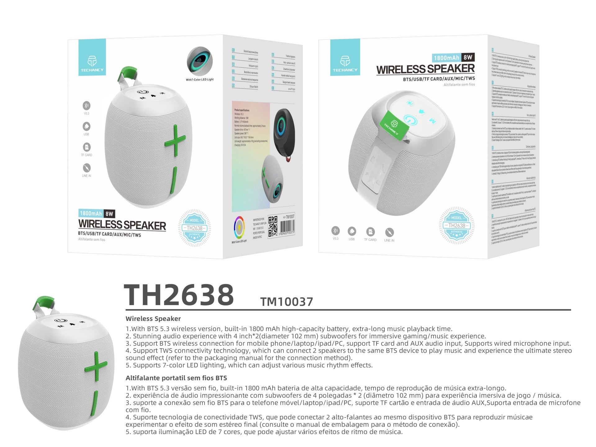 Techancy Altifalante Sem Fios Bluetooth Versão 5.3 TH2638, Suporte TWS/TF/AUX, Luz Ambiente Led Rgb De 7 Cores