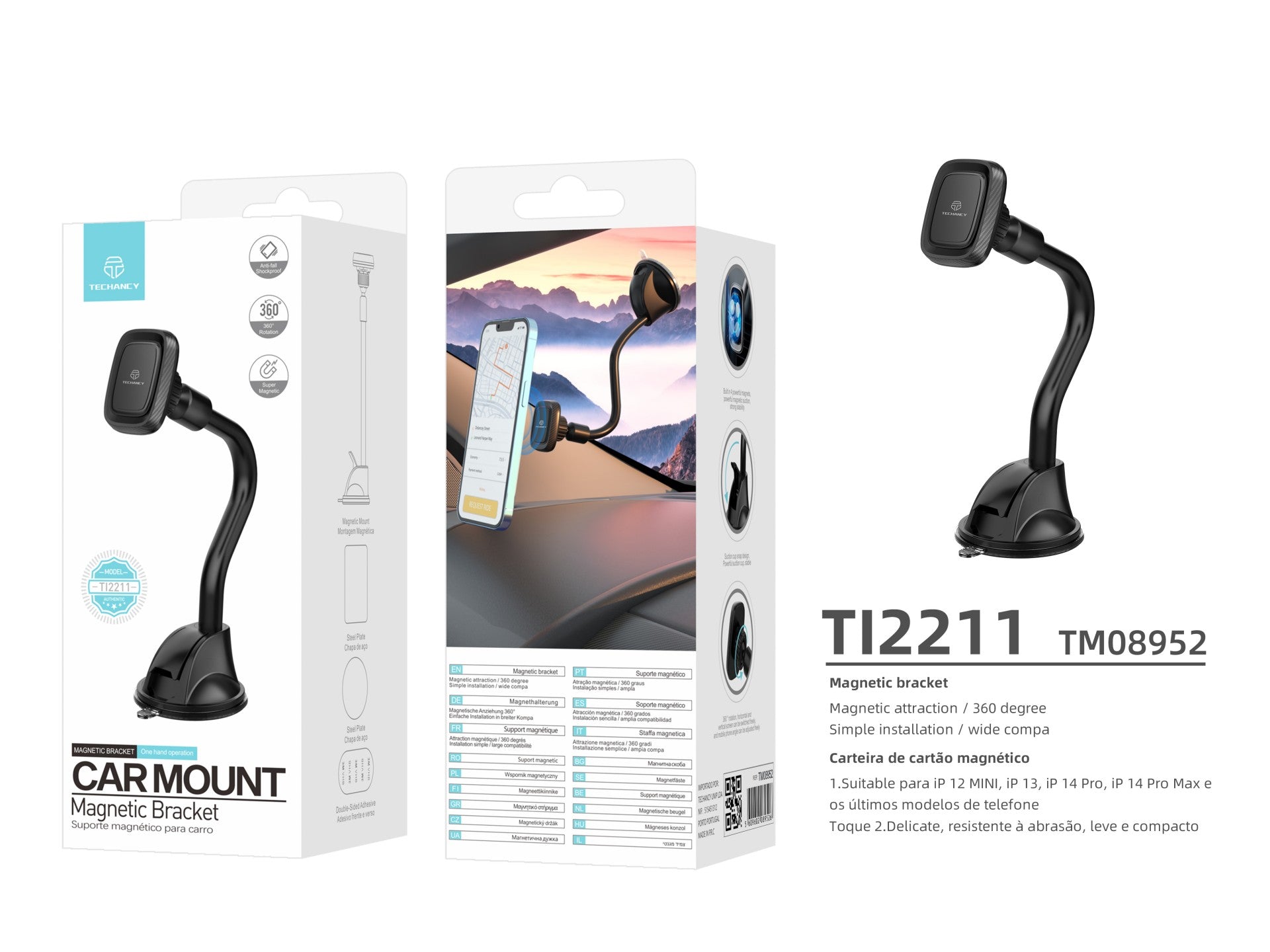 Techancy Suporte Magnético Para Telemóvel Car Preto Ti2211, Forte Adsorção Magnética, Rotação De 360 Graus. Fácil De Instalar.