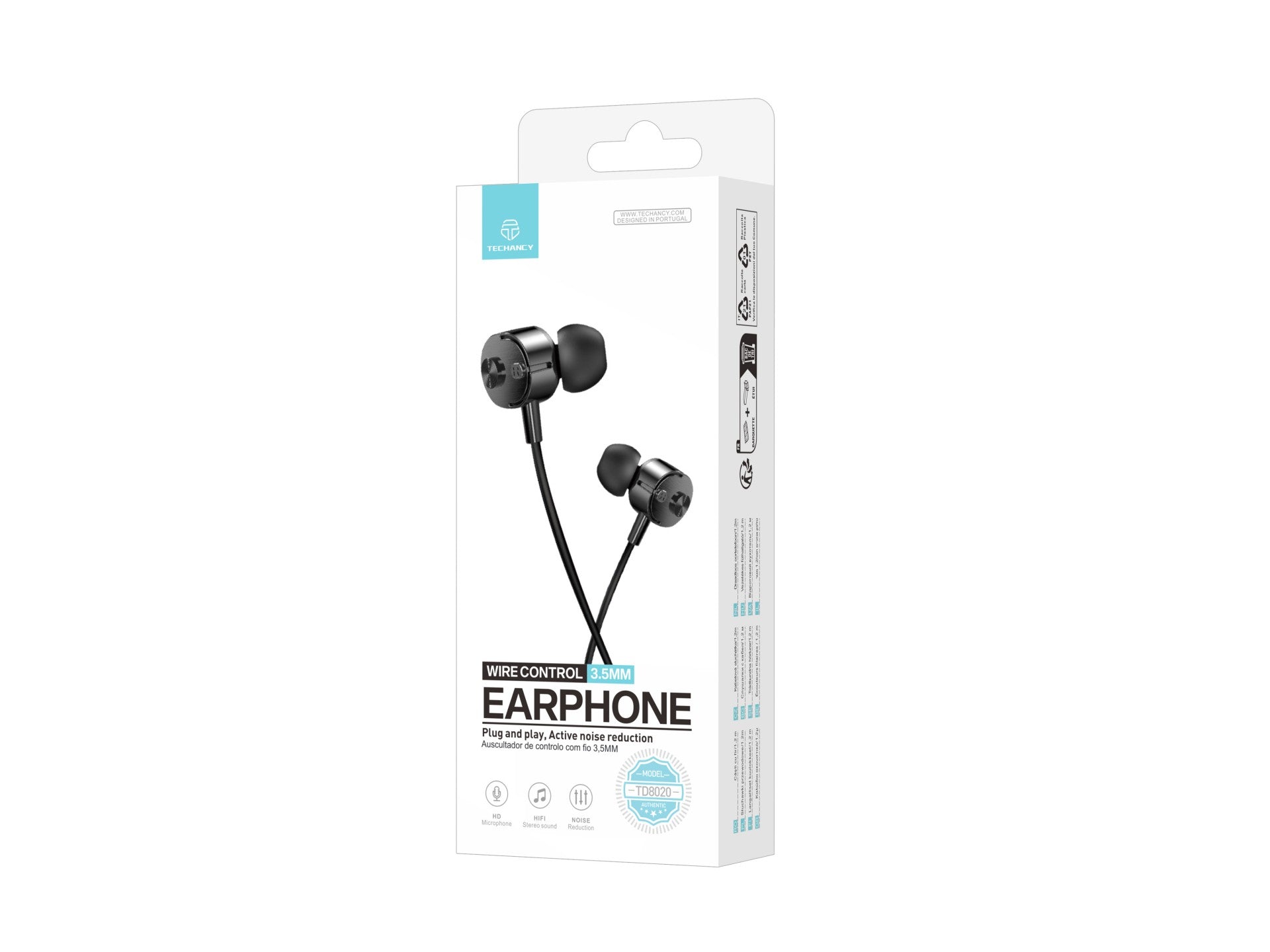 Techancy TD8020 Wired Headset, 3.5mm Plug, In-Line Control, HD Microphone, 1.2m Cable, Black