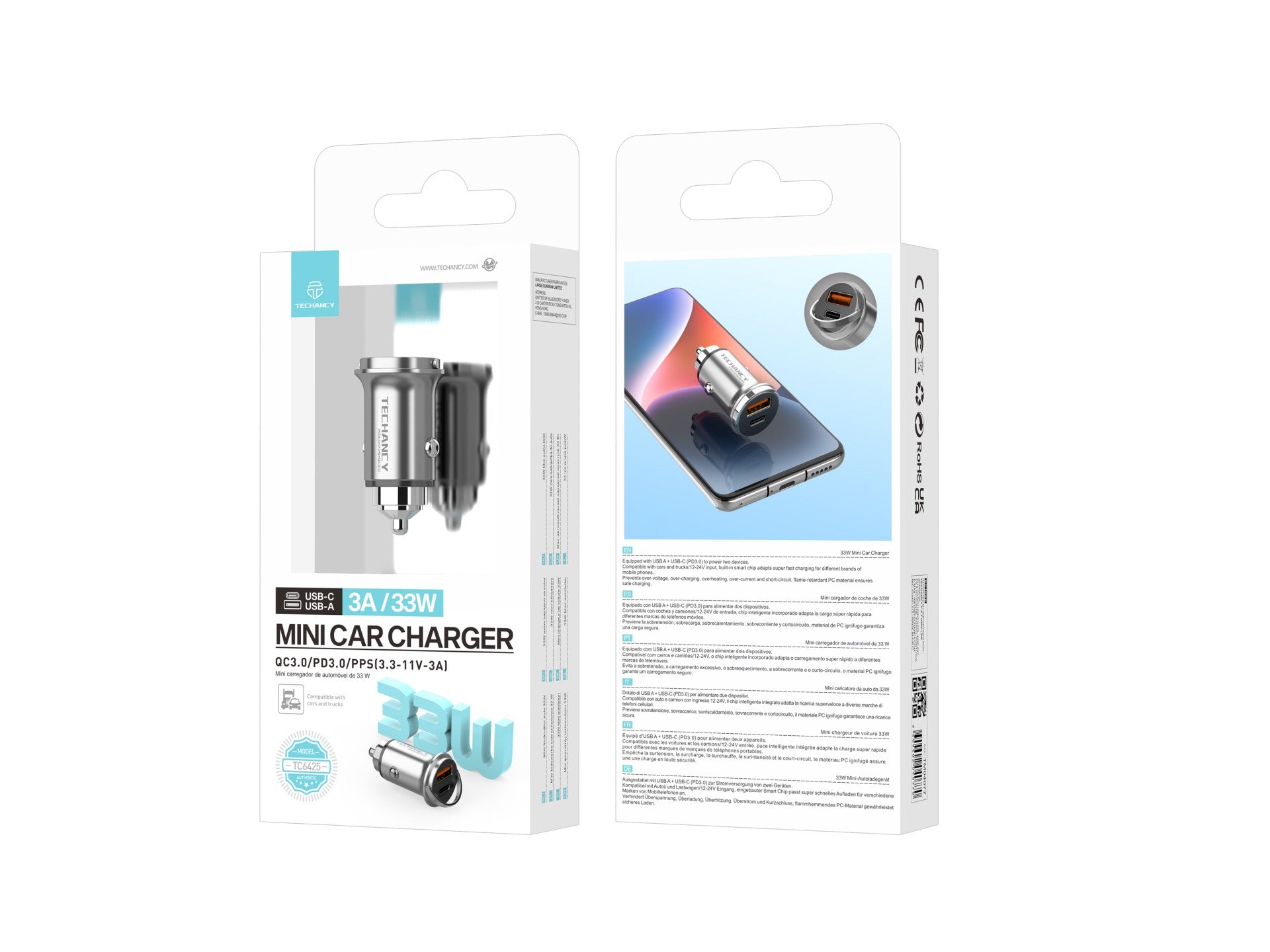 Techancy Mini Carregador TC6425, 33W, USB-A+USB-C, Liga de AlumInio, CompatIvel com Carros, Design Seguro e Confiavel
