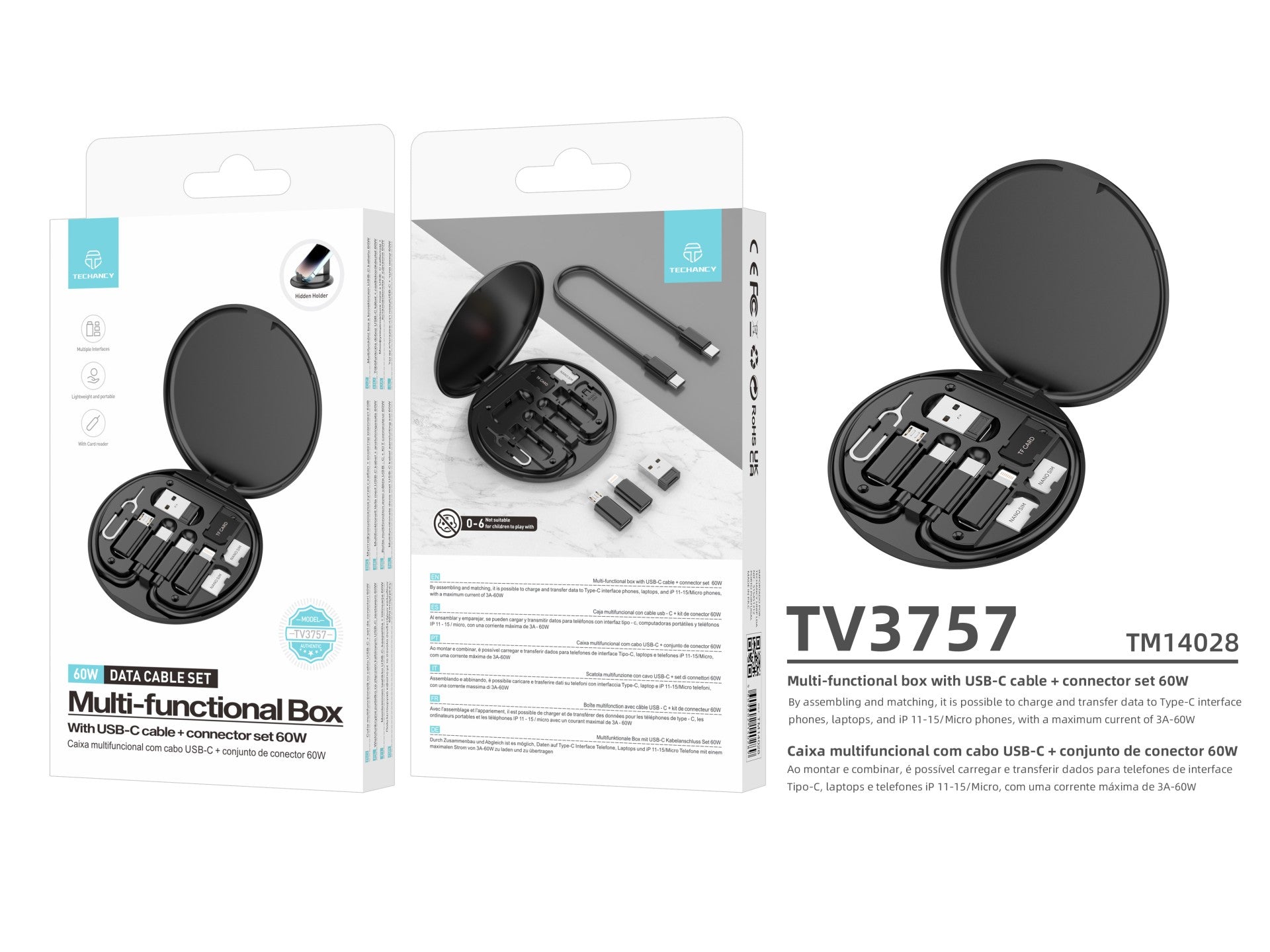 Techancy Cabo De Dados Multifunções Otg Kit TV3757, Várias Combinações Para Combinar, Carregar E Transferir/Armazenar Dados