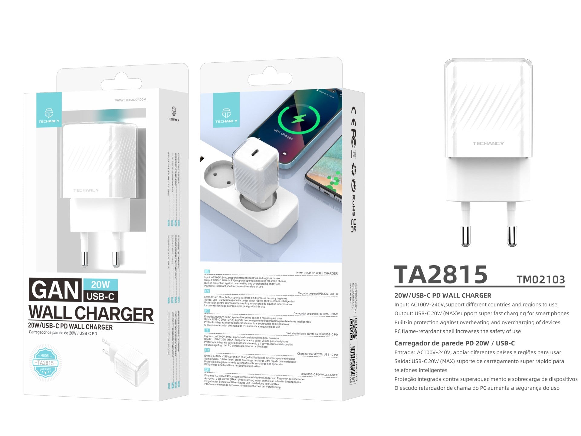 Techancy Carregador De Telemóvel De 20 W Branco TA2815, Carregamento Rápido Usb-C Pd, Chip Inteligente Gan Incorporado