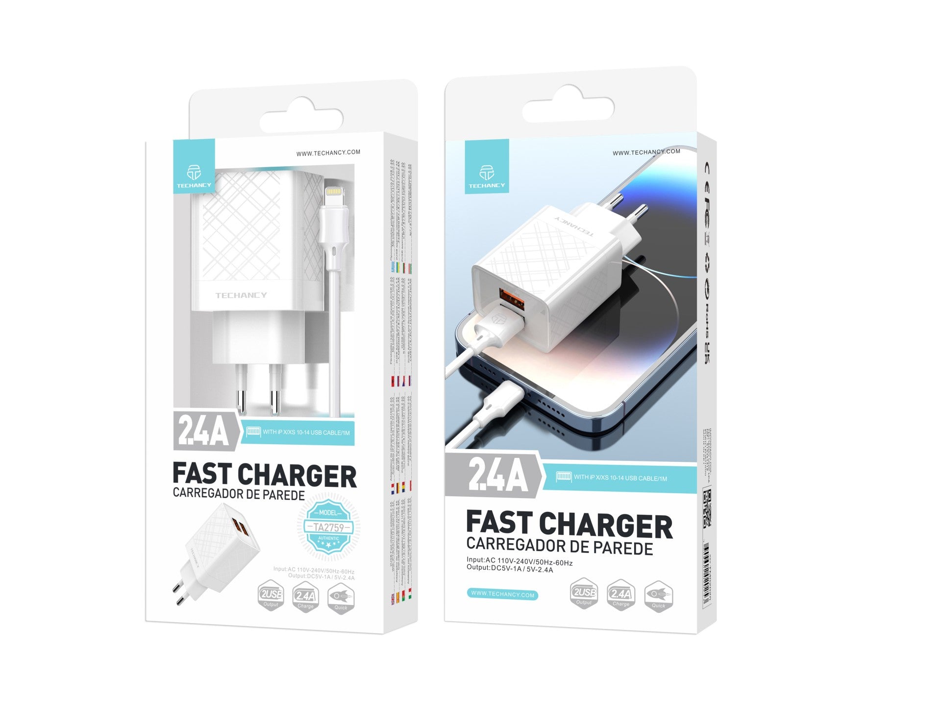 Techancy Carregador Usb 2.4A Branco TA2759, Kit De Cabos Ip7/X/11-14, 1m 2.4A, Chip Inteligente Incorporado.