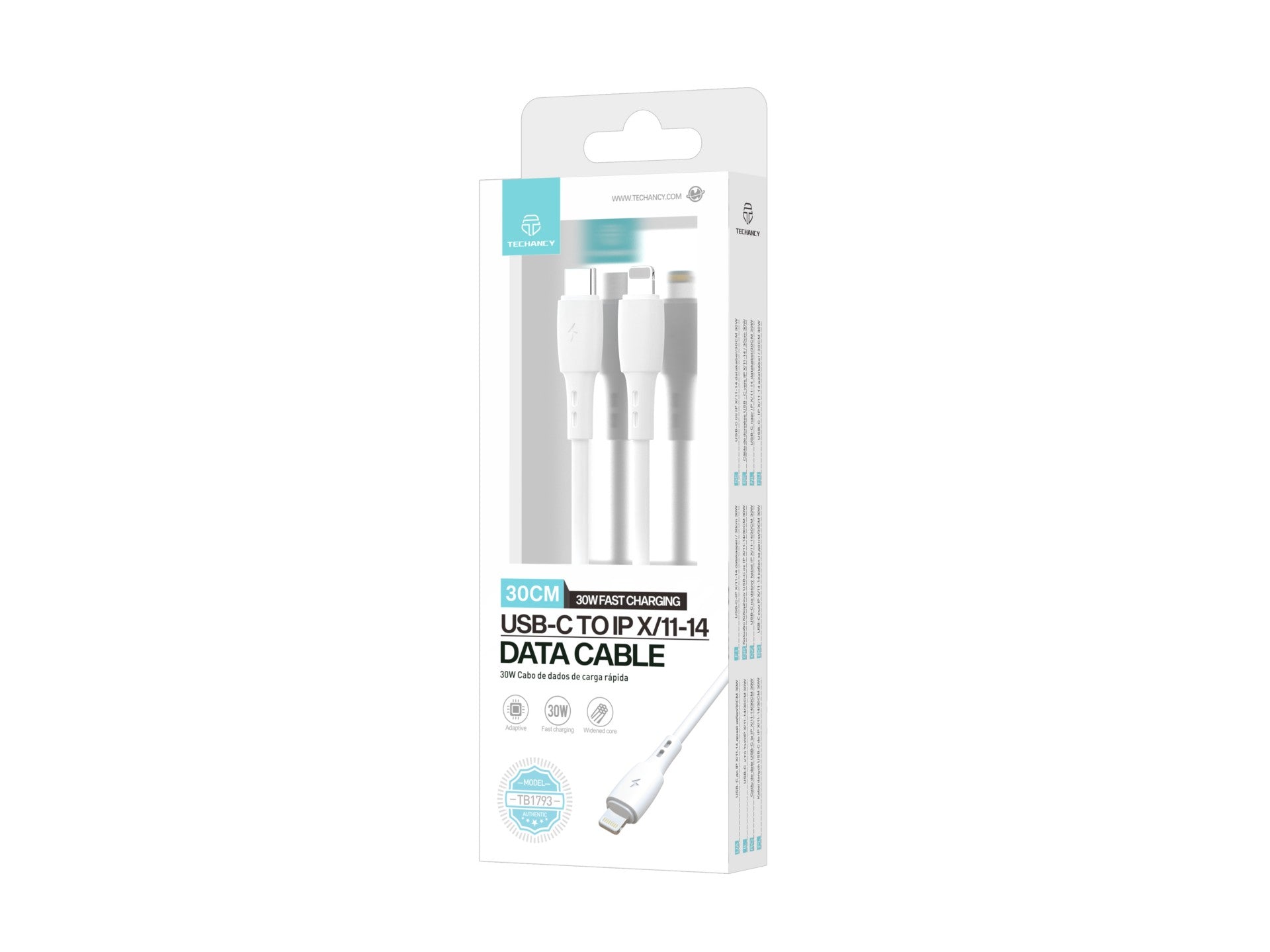 Cable de datos USB C a Lightning Techancy TB1778, blanco, carga PD30W, 30 cm, apto para usar con banco de energía