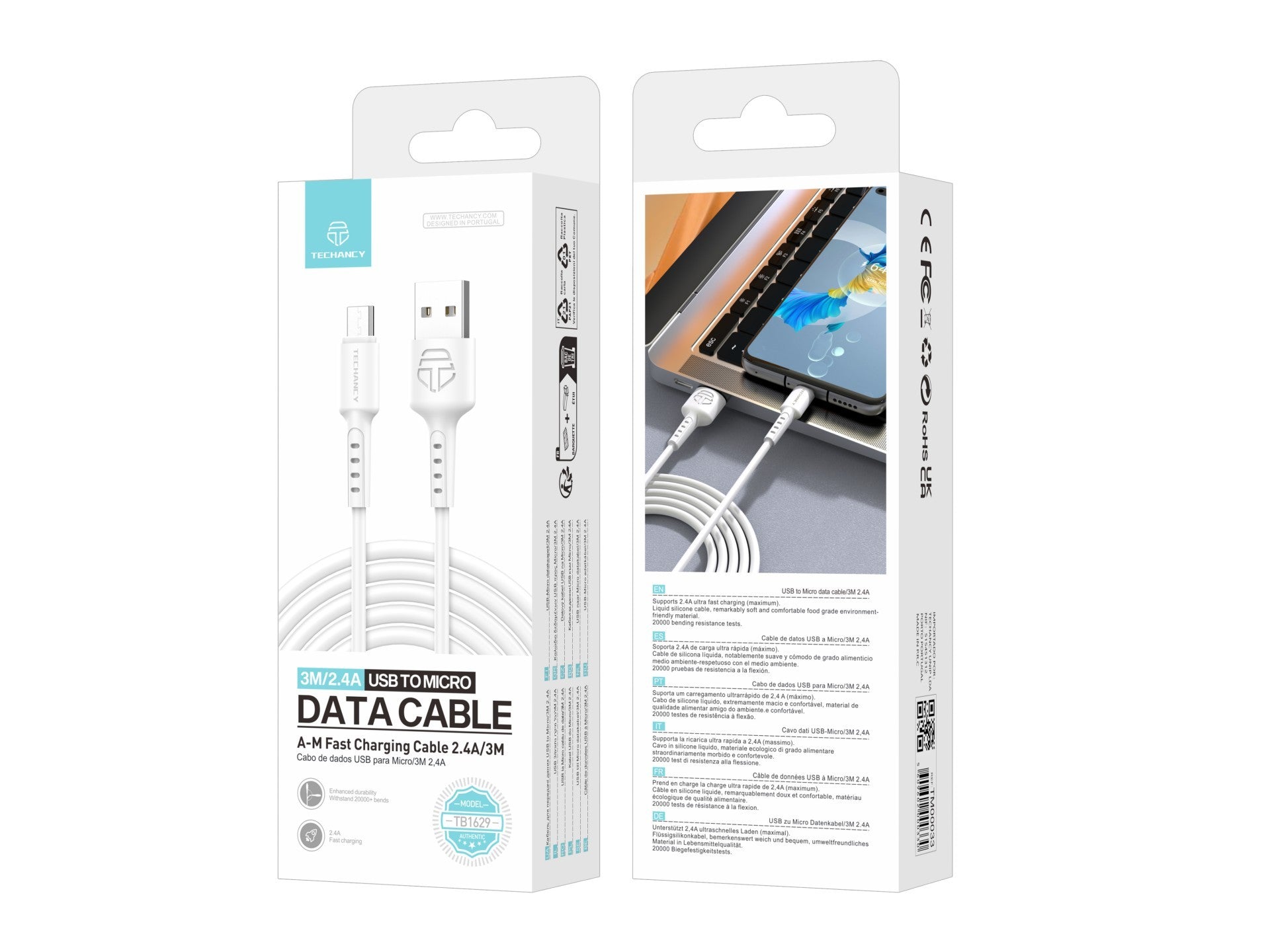 Techancy TB1629 White Data Cable, USB to Micro Fast Charging Cable, 3M/2.4A, Compatible with Android Devices