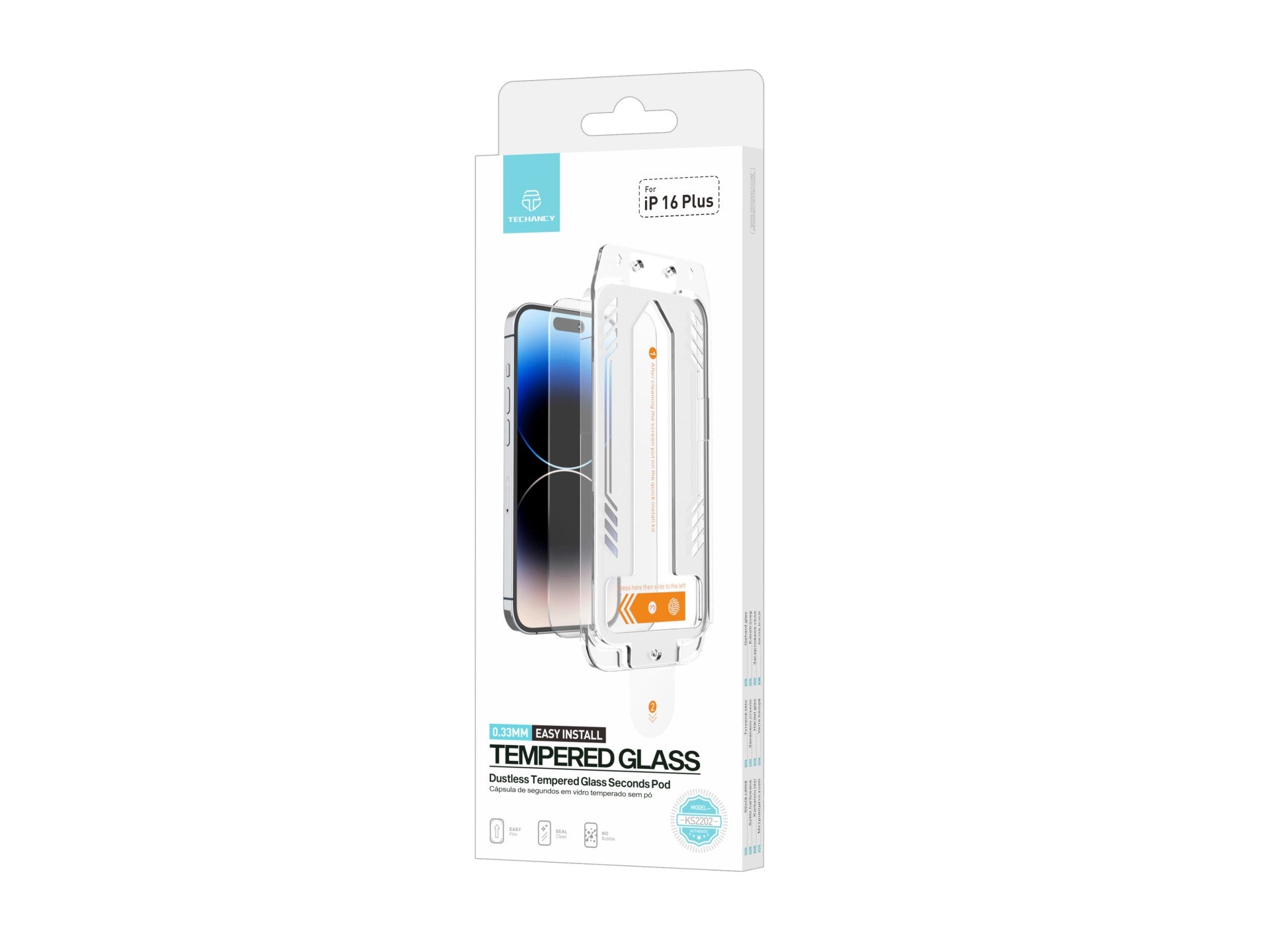 Techancy Tempered Glass Screen Protector KS2202, Compatible with iPhone 16 Plus, Supplied with Quick Installation Box