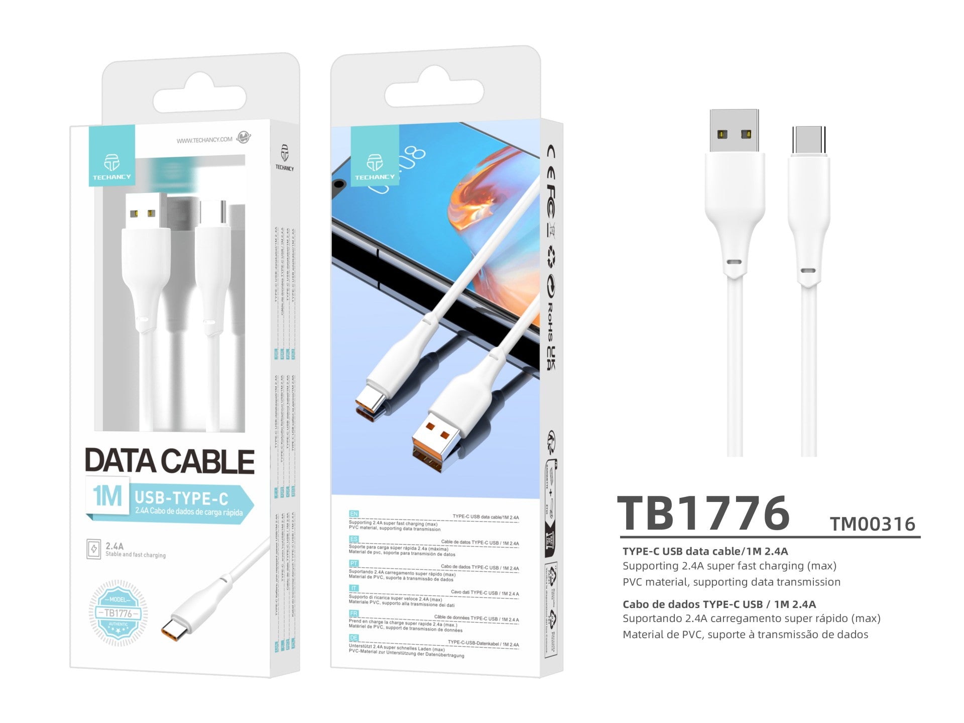 Techancy Cabo De Dados Usb-Type-C Branco 1M TB1776,Carregamento Rápido De 2,4 A, Suporta Transmissão De Dados, Material Pvc
