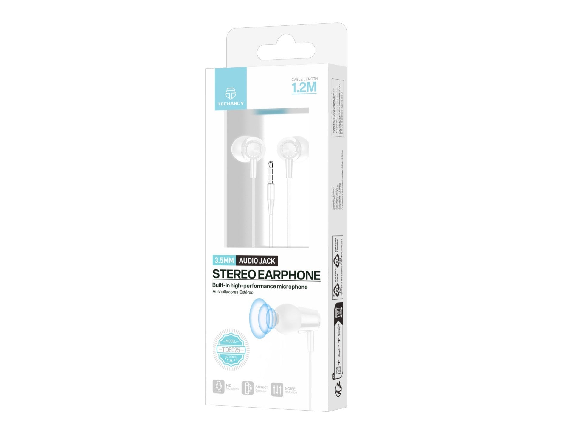 Techancy Auricular In Ear com Fio 3.5mm TD8025 Estereo Confortavel Som Claro com Controlo em Linha para Telemovel e Tablet
