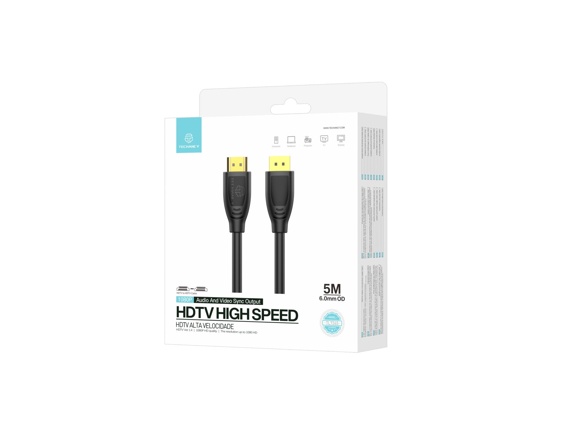 Techancy Cabo Hdtv De Alta Velocidade TL7265,5m, Ecrã Hd 1080p Para Televisores, Computadores, Projectores E Consolas