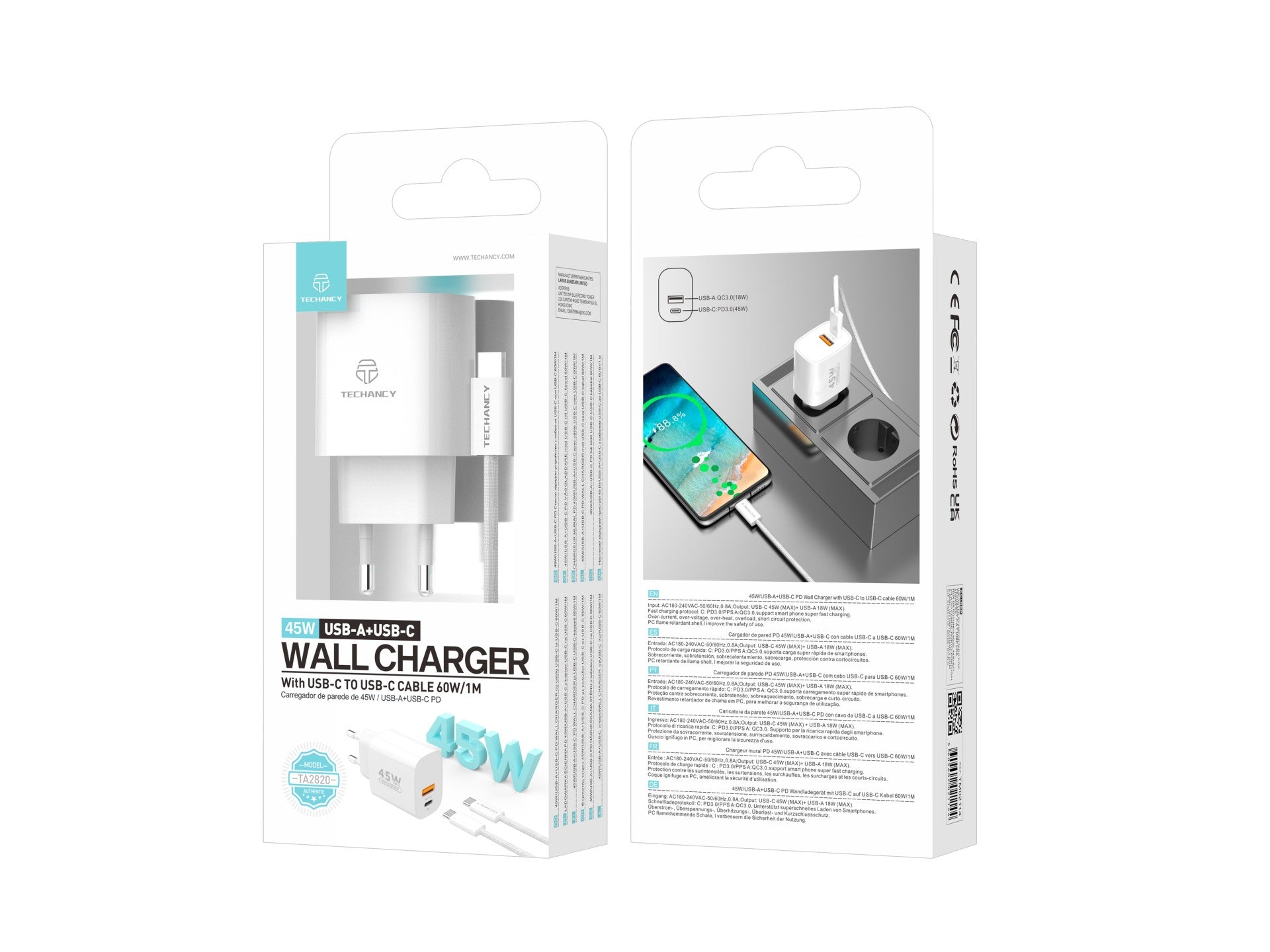 Cargador Techancy TA2820 USB-A+USB-C, 45 W PD, con cable USB-C a USB-C de 1 m, compatible con varios dispositivos