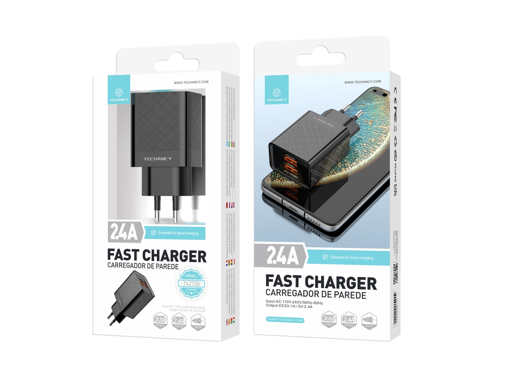Techancy Carregador Usb 2.4A Preto TA2758, 2usb Output, Chip Inteligente Integrado, Carregamento Simultâneo Multi-Device