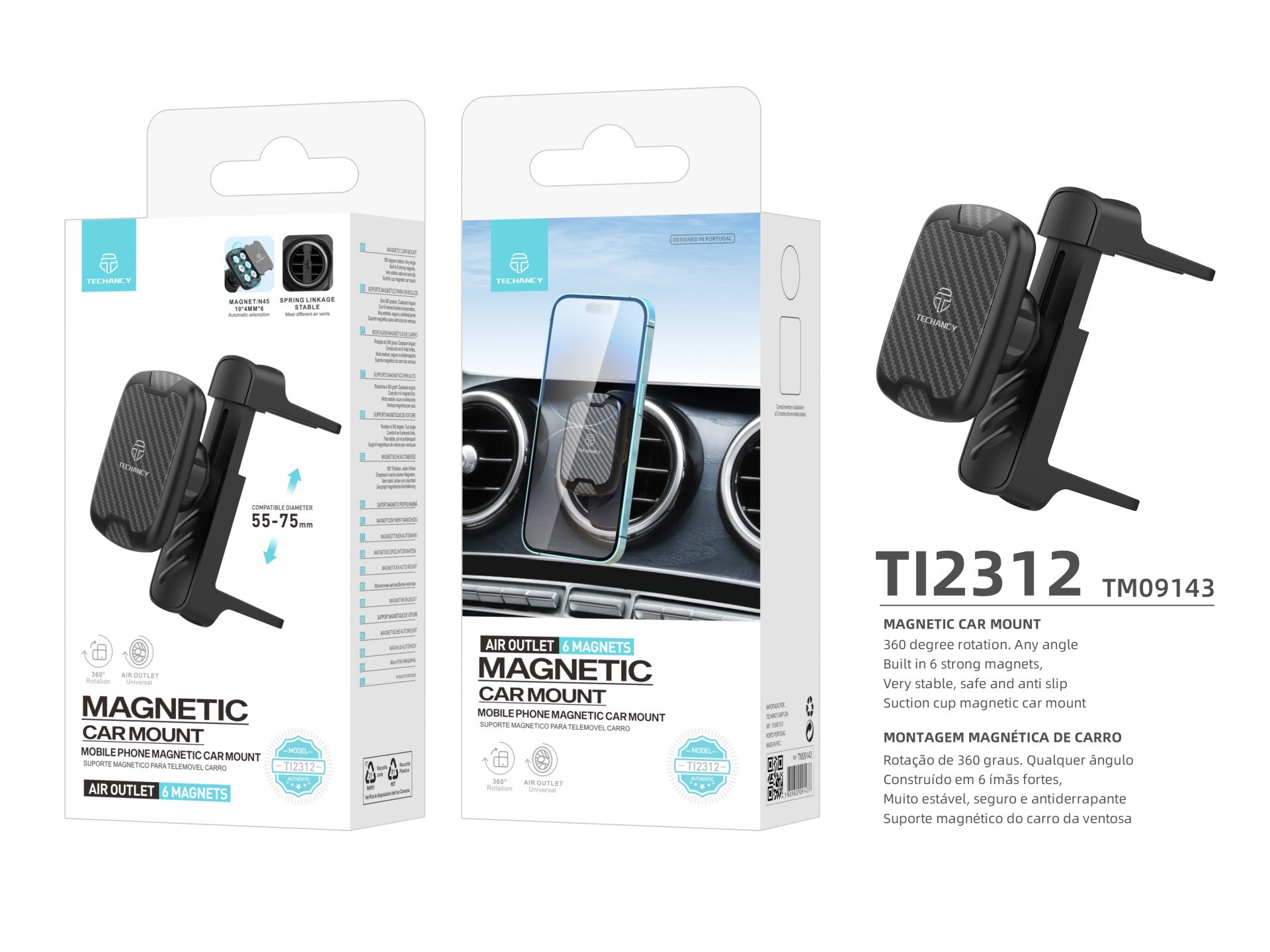 Techancy Suporte Magnético Para Telemóvel Para Automóvel Ti2312 Preto, Compatível Com As Saídas De Ar Redondas Da Mercedes-Benz