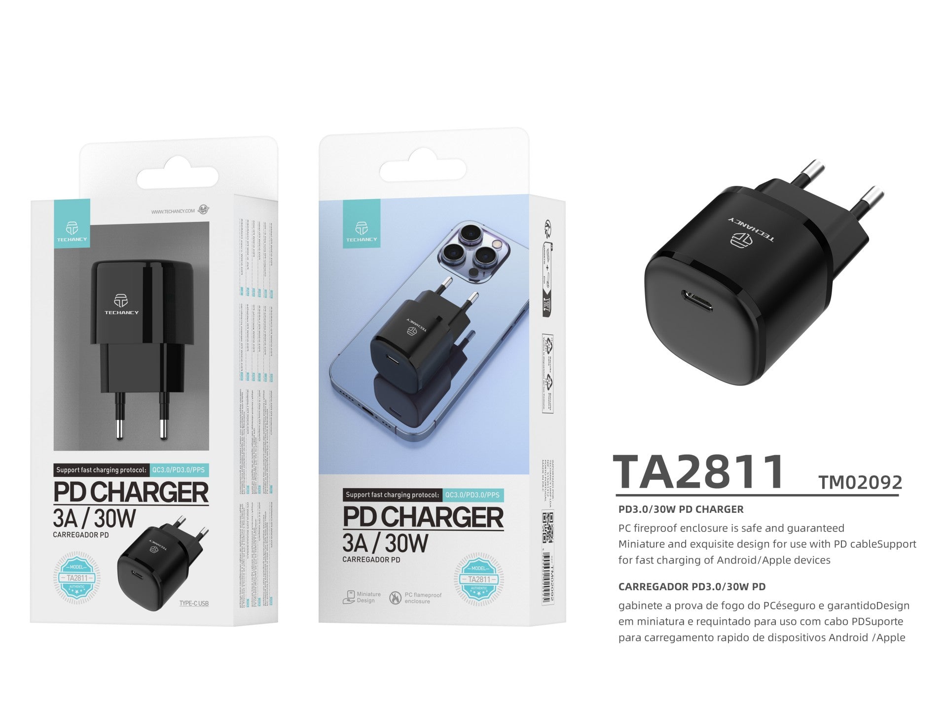 Techancy Carregador Pd 30w Usb C Preto TA2811, Cabo De Carregamento Rápido Adapt Pd, Compatível Com Android/Apple.