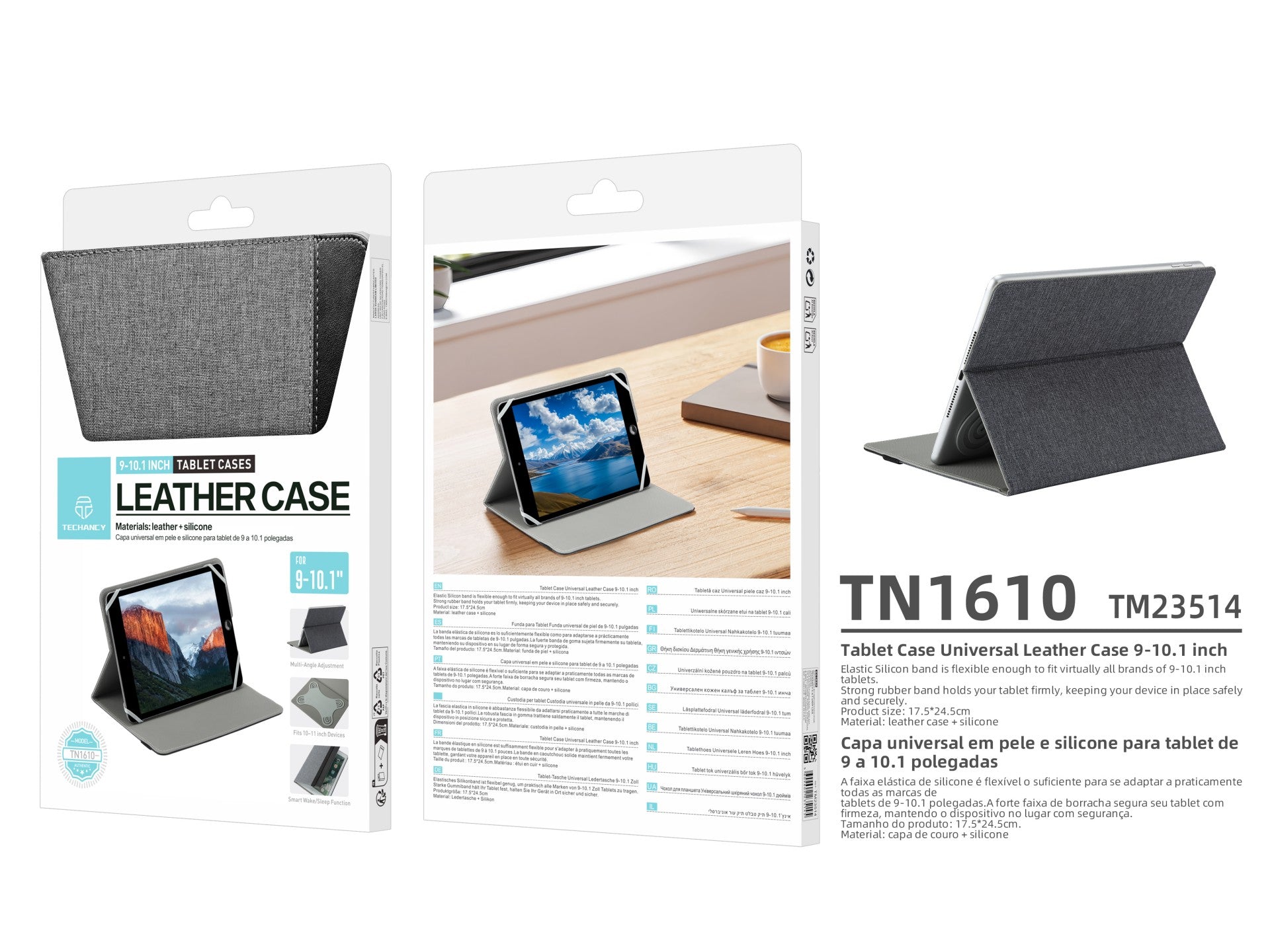 Techancy Tablet Case TN1610 Universal For 9-10.1 Inches Leather Silicone Adjustable Multi-Angle Elastic Band Non-Slip Gray