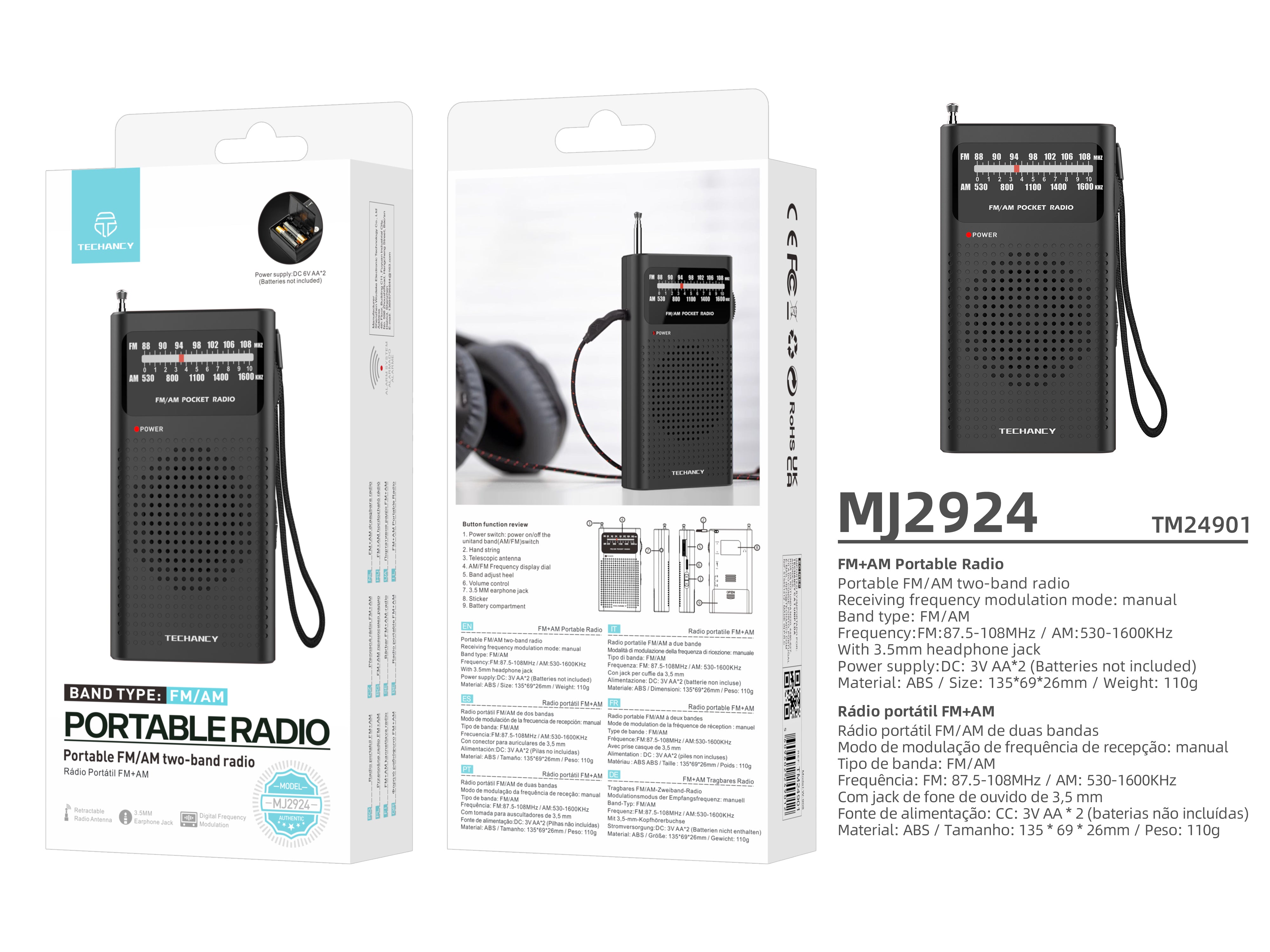 Techancy MJ2924 Portable FM/AM Radio with manual tuning, 3.5mm headphone jack, 2 AA batteries (not included), Black.