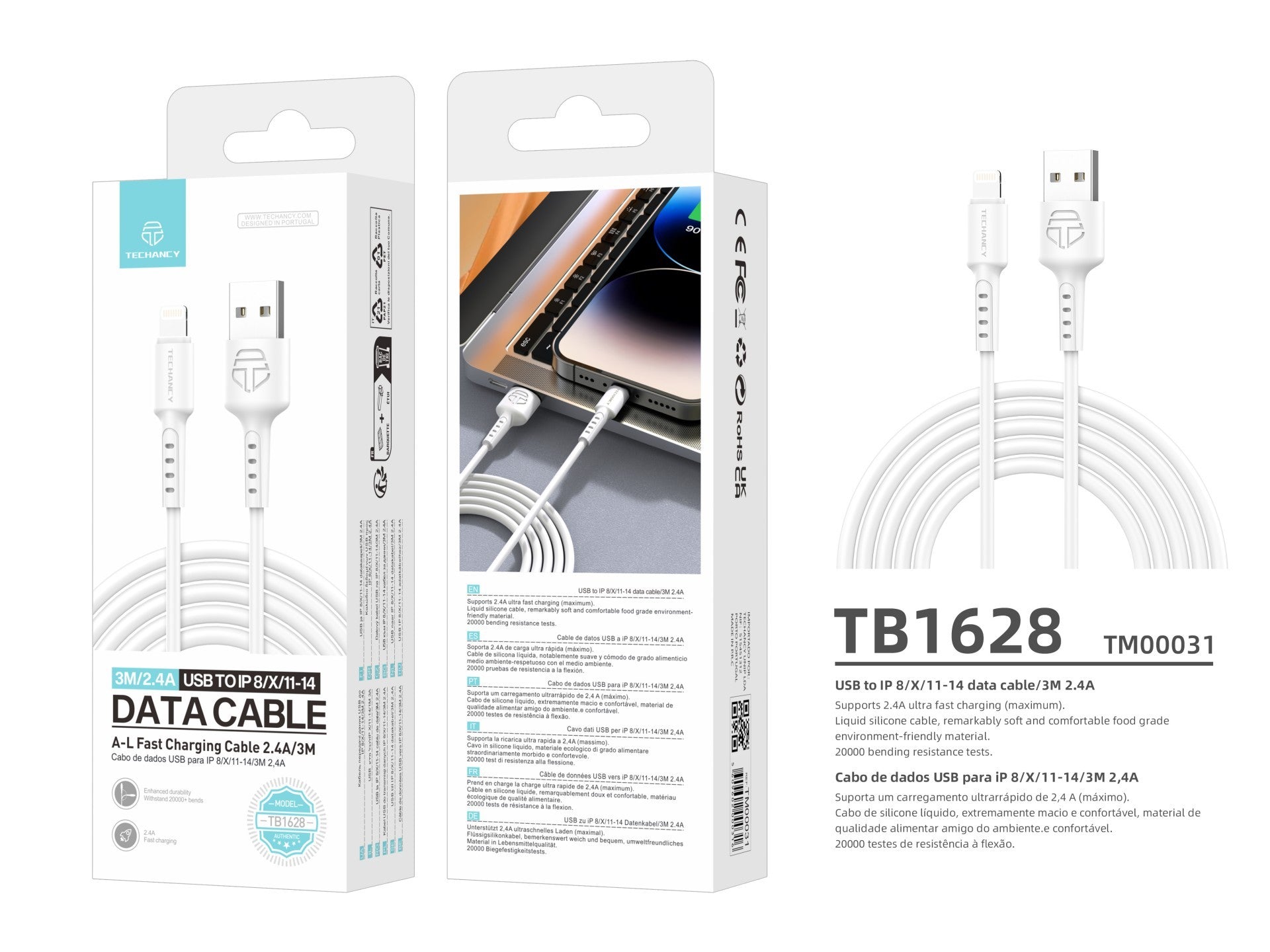 Techancy White Data Cable TB1628, USB to Lightning Fast Charging Cable, 3M/2.4A, Compatible with iPhone/iPad