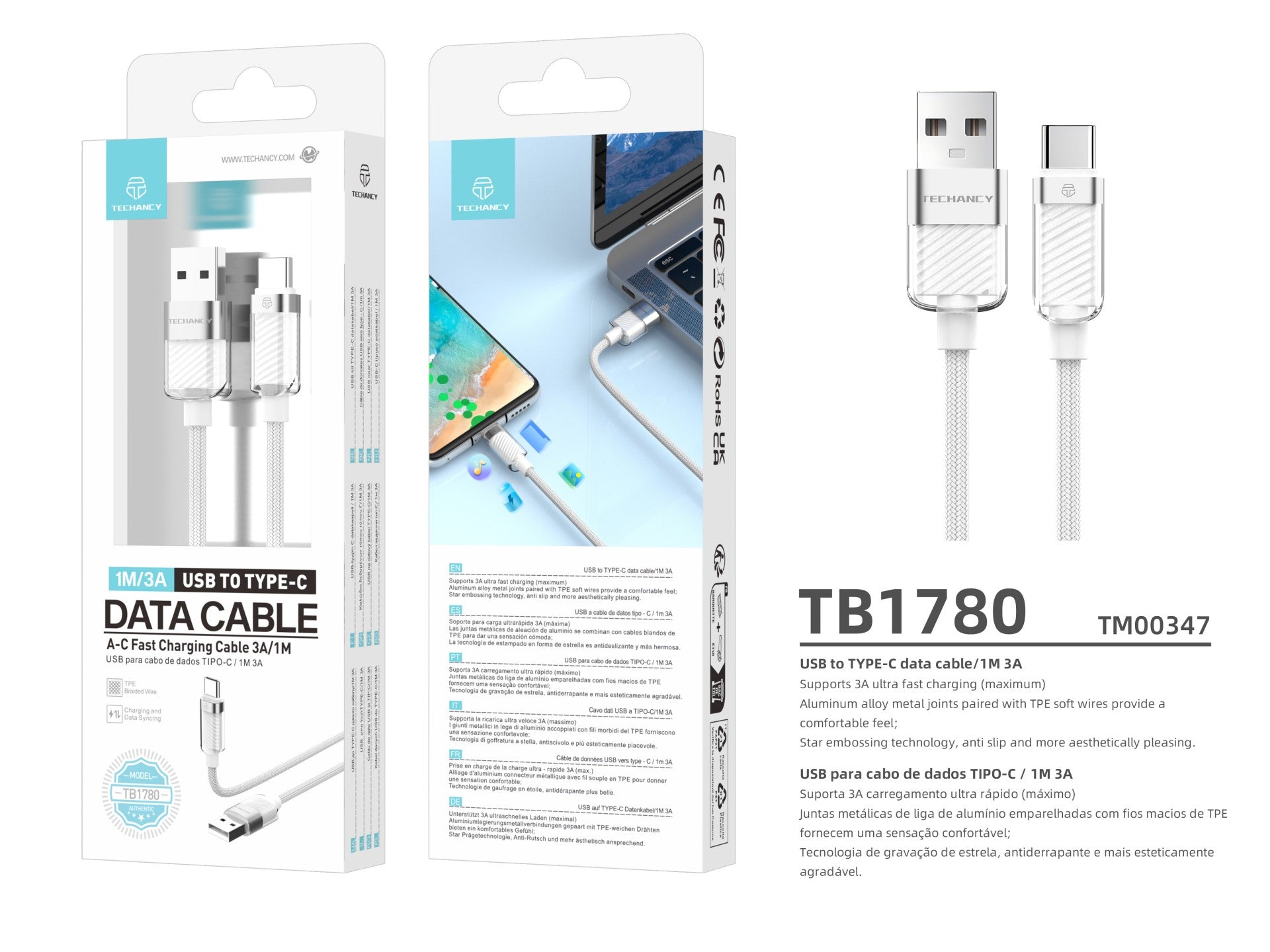 Techancy Cabo De Dados Usb Type-C 1m/3A Branco TV1780 Para Carregamento Rápido De Smartphones, Tablets E Computadores Portáteis