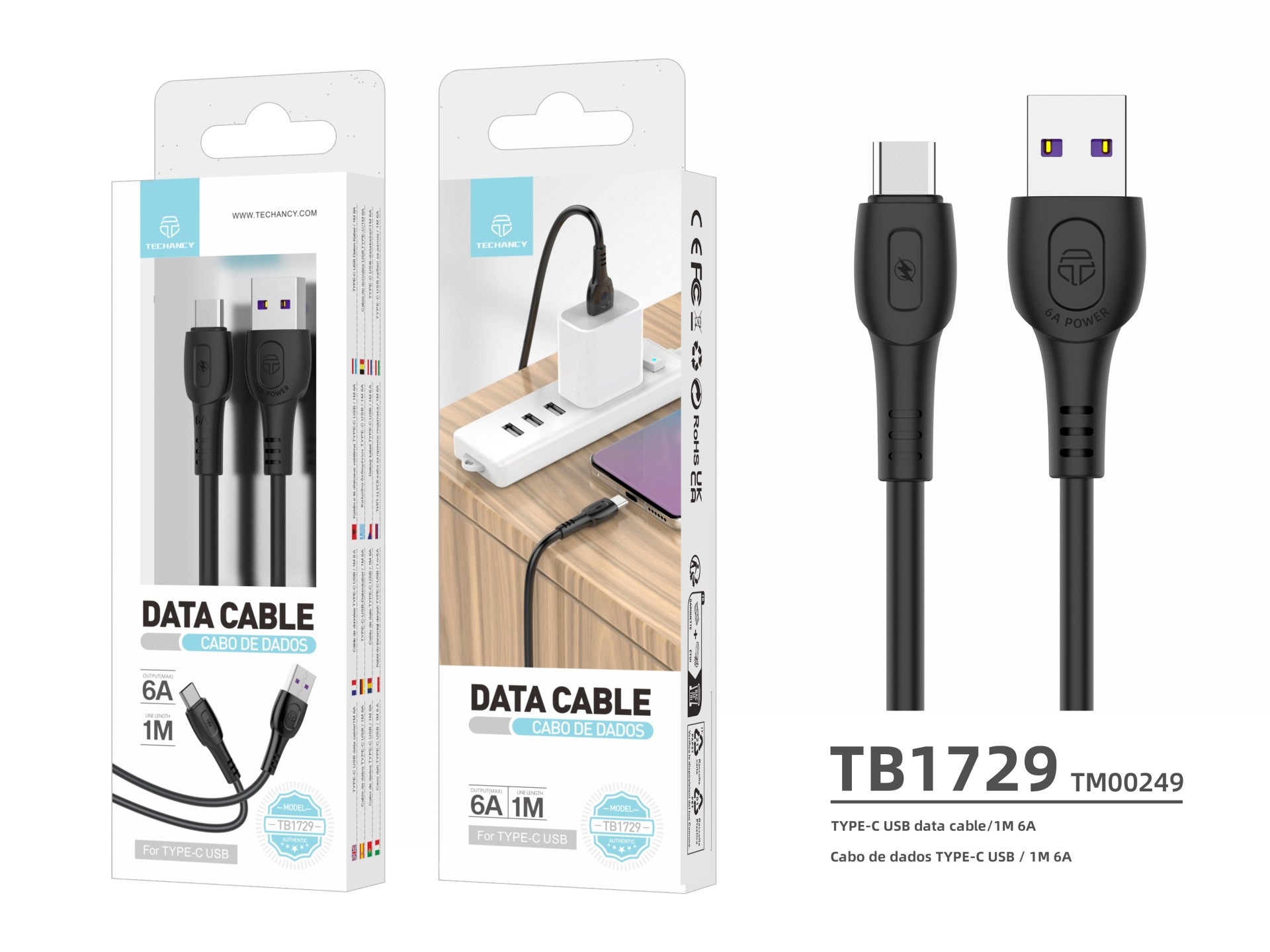 Techancy Cabo De Dados De Carregamento Super-Rápido 6A Preto TB1729, Porta Usb-Tipo-C, 1 M De Comprimento, Carregamento Rápido