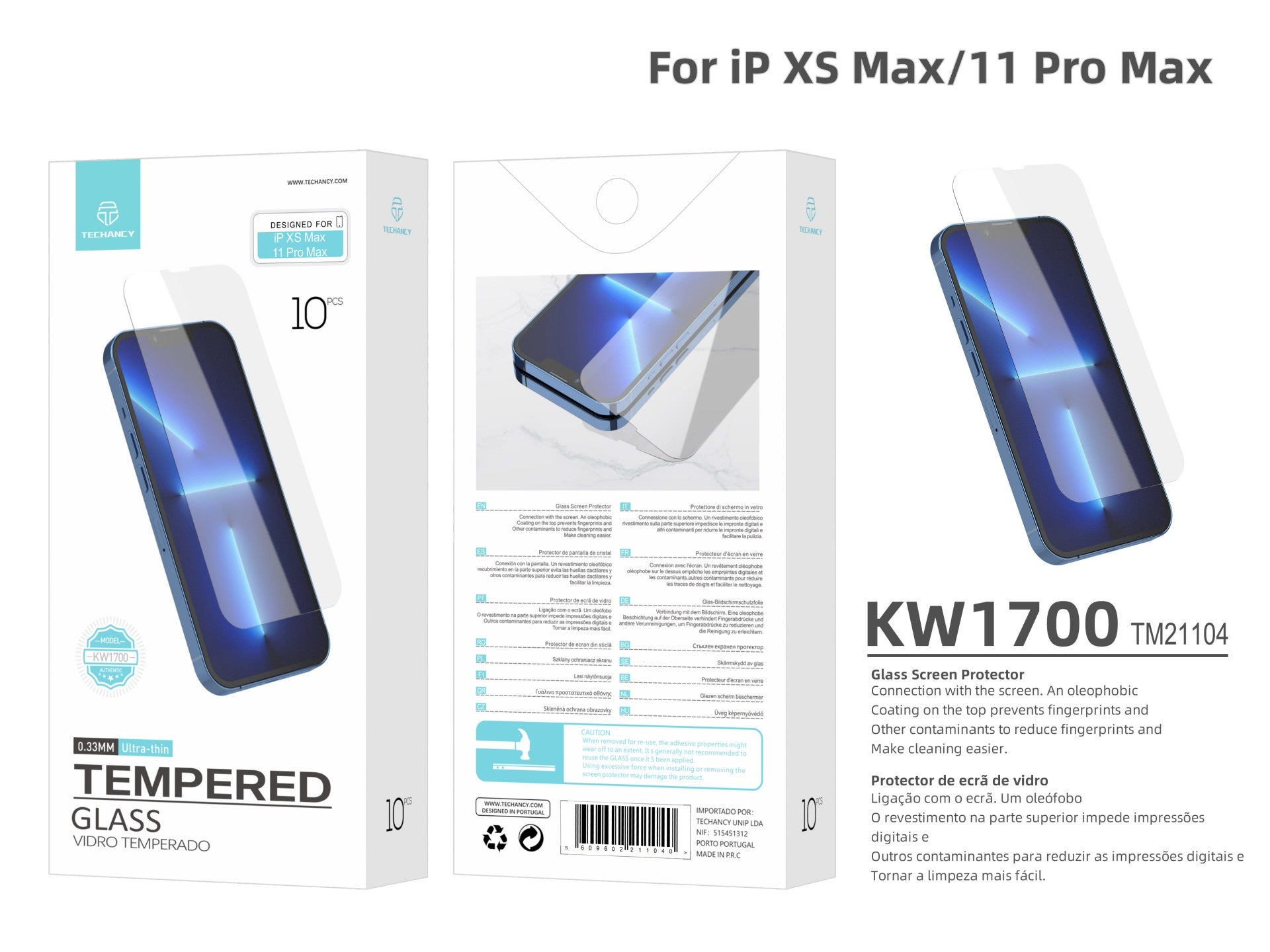 Techancy Película de Vidro Temperado para iPhone Xs Max/11 Pro Max KW1700 , 0.33MM, Anti-riscos, Alta Transparência, Fácil Aplicação