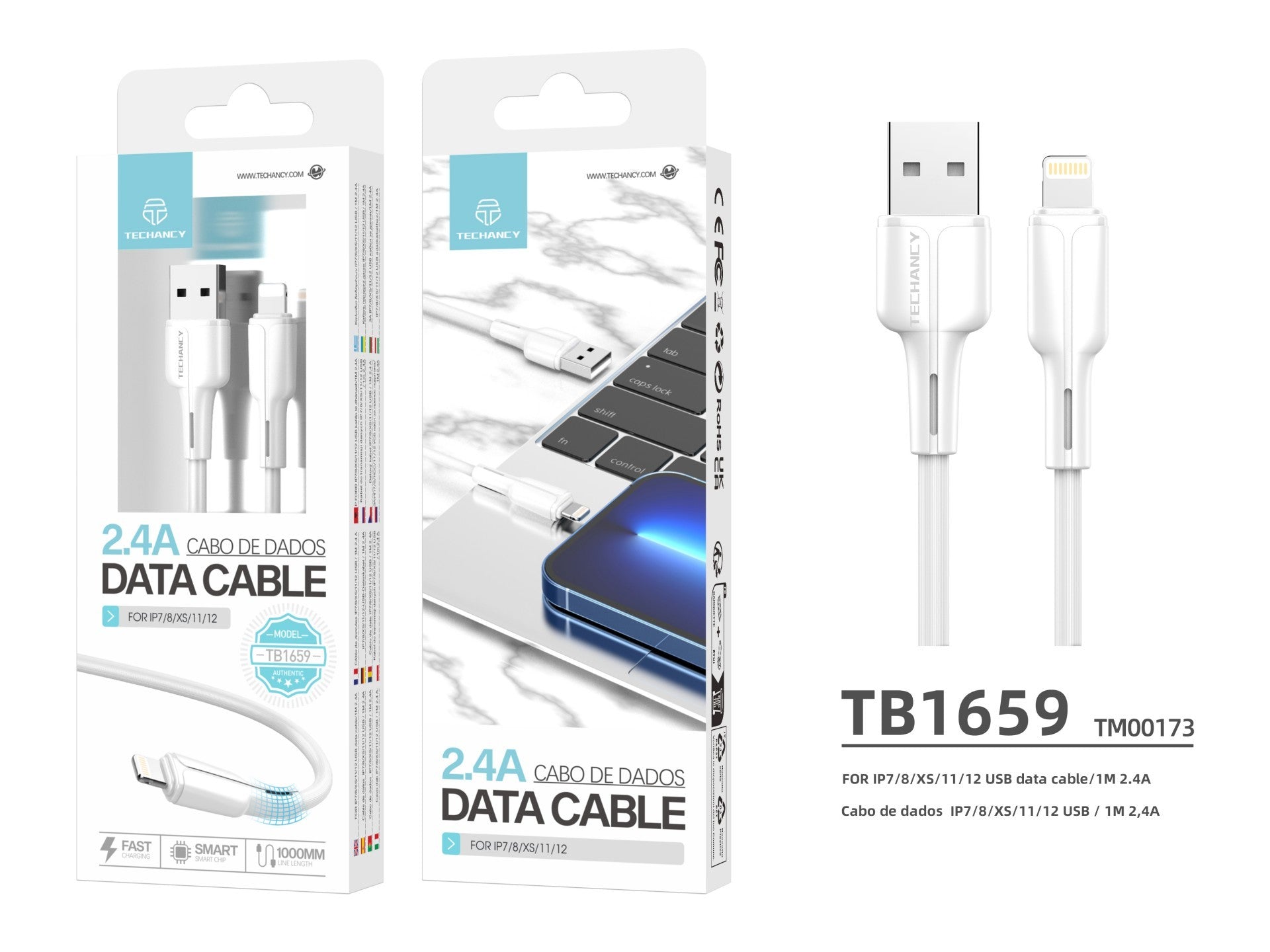 Techancy Cabo De Dados Usb-Lightning Branco 1M TB1659,Carregamento Rápido De 2,4 A, Suporta Transmissão De Dados, Material Pvc