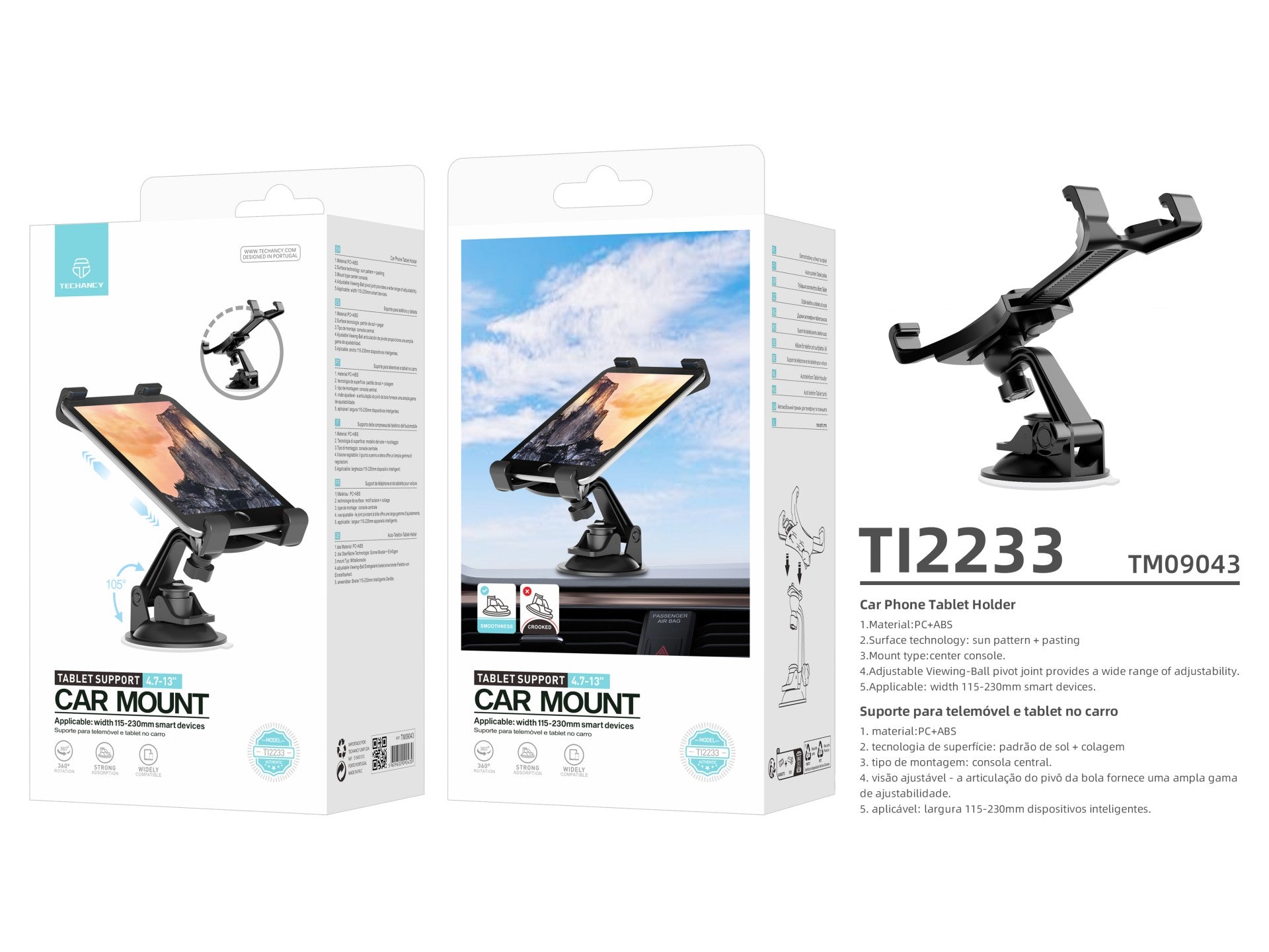Techancy Suporte para Telemóvel e Tablet 4.7-13" TI2233 Preto, Rotação 360°, Ventosa Ajustável, Material PC+ABS