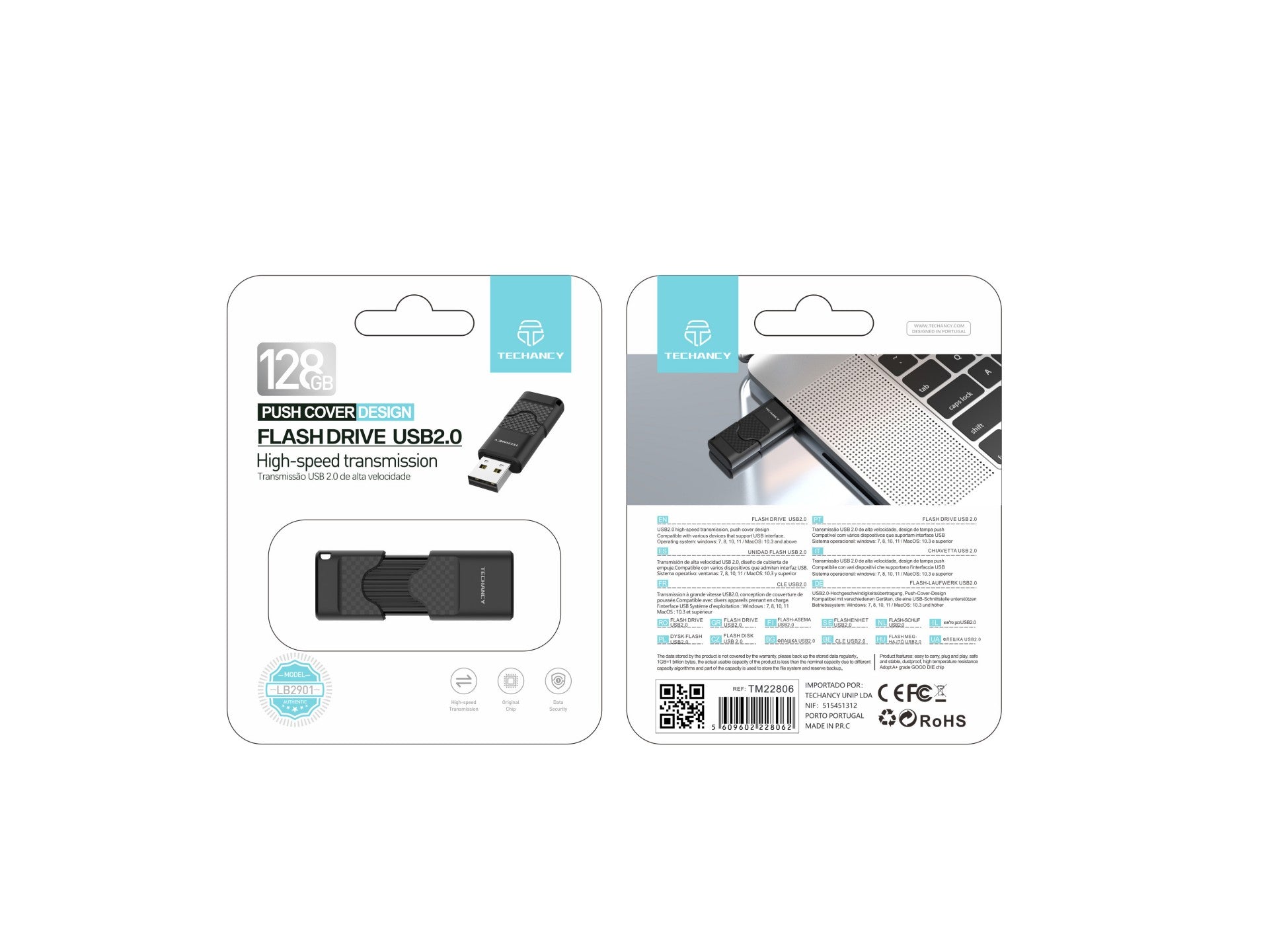 Techancy USB Flash Drive 128GB Preto LB2901, Usb 2.0, Compatível com PC/Mobile/Mac, Armazenamento seguro de ficheiros