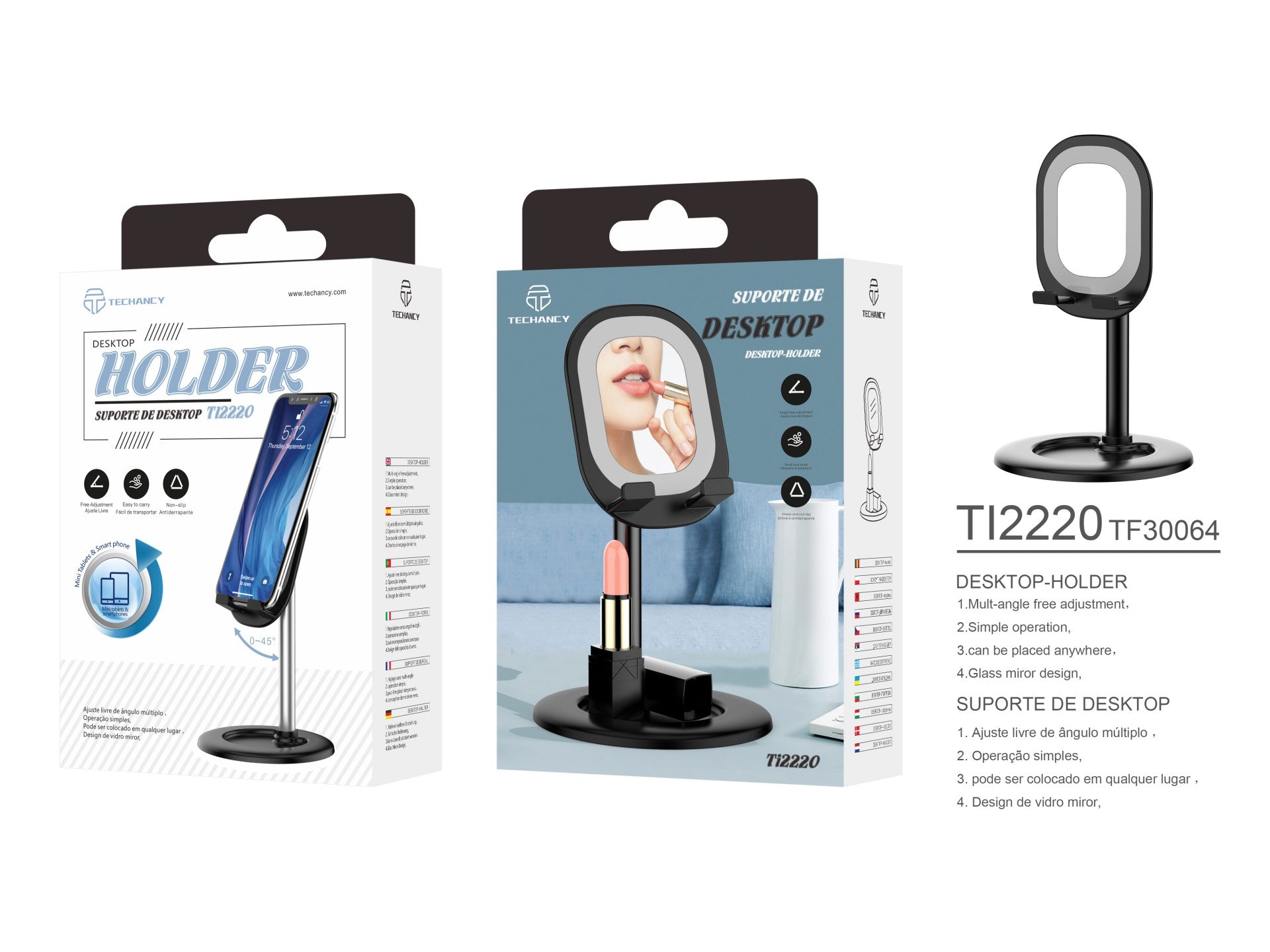 Suporte para telemóvel Techancy com espelho, TI2220, preto