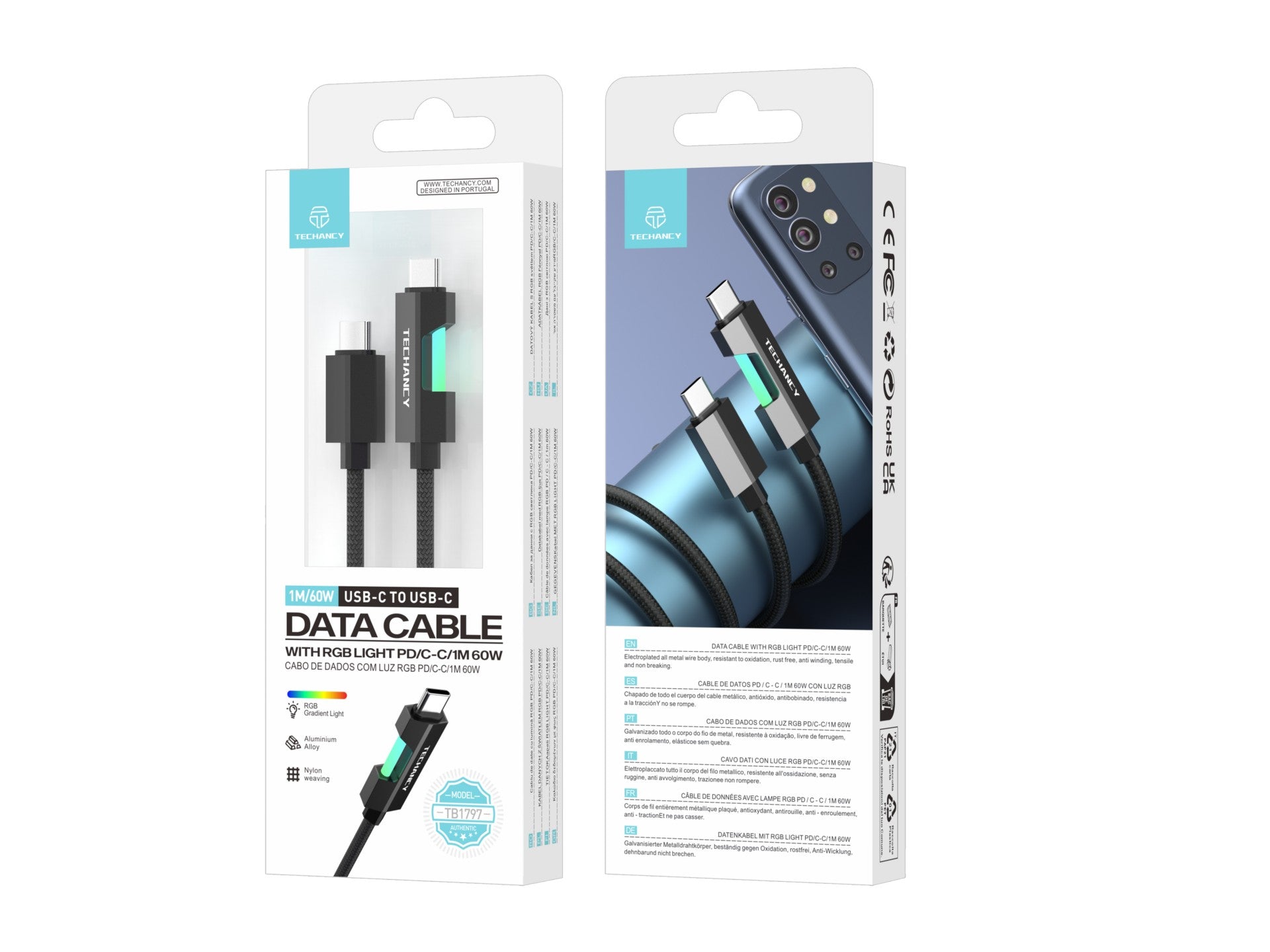 Techancy Cabo De Dados Usb-C Para Usb-C TB1797, 1m/60w Com Luz Rgb, Cabo Entrançado De Alumínio, Preto