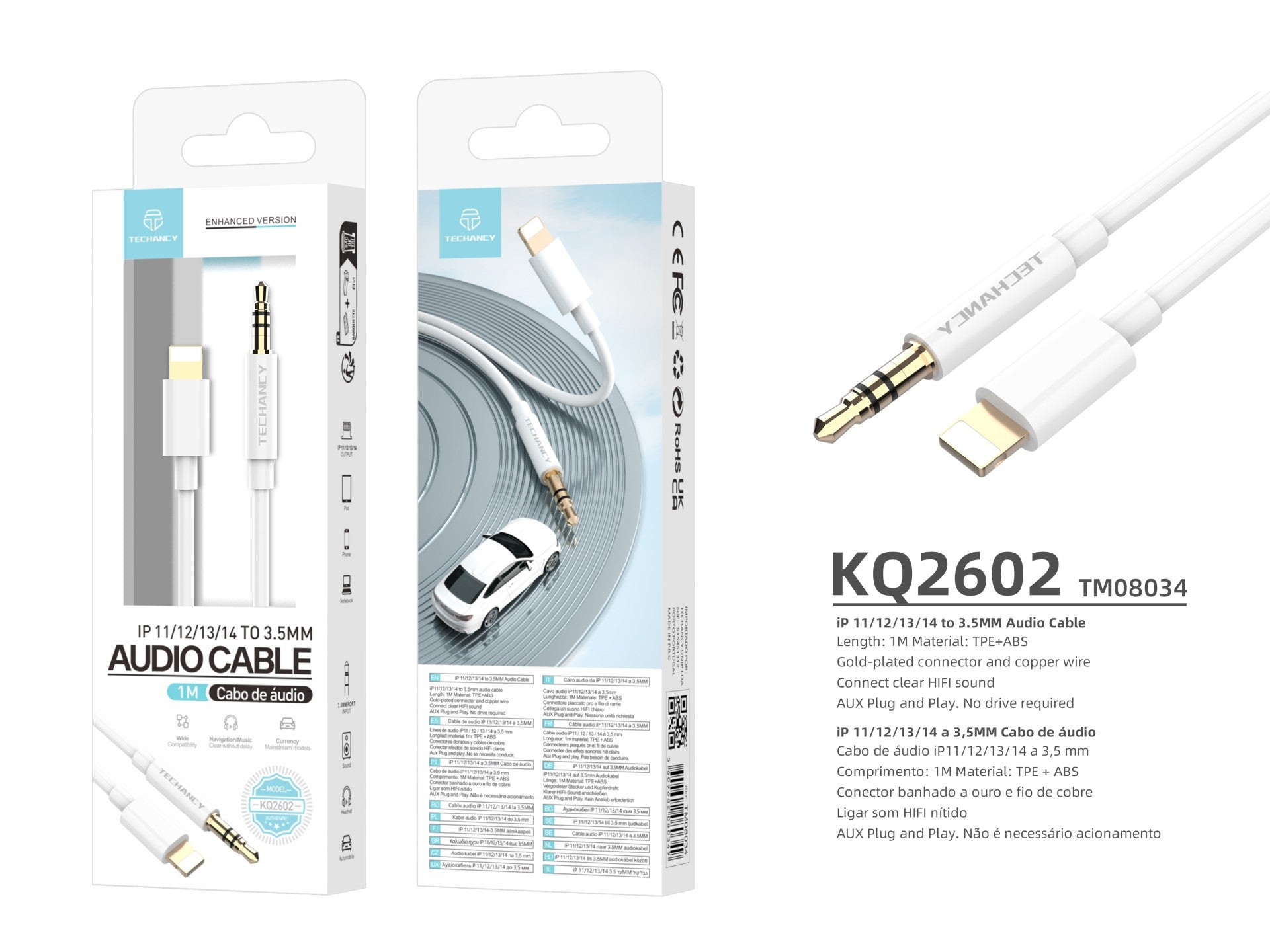 Techancy Cabo Áudio Aux Automotive KQ2602, Iph8/X/11-14 Para 3,5 Mm, 1 Metro, Qualidade De Som Hifi,Branco