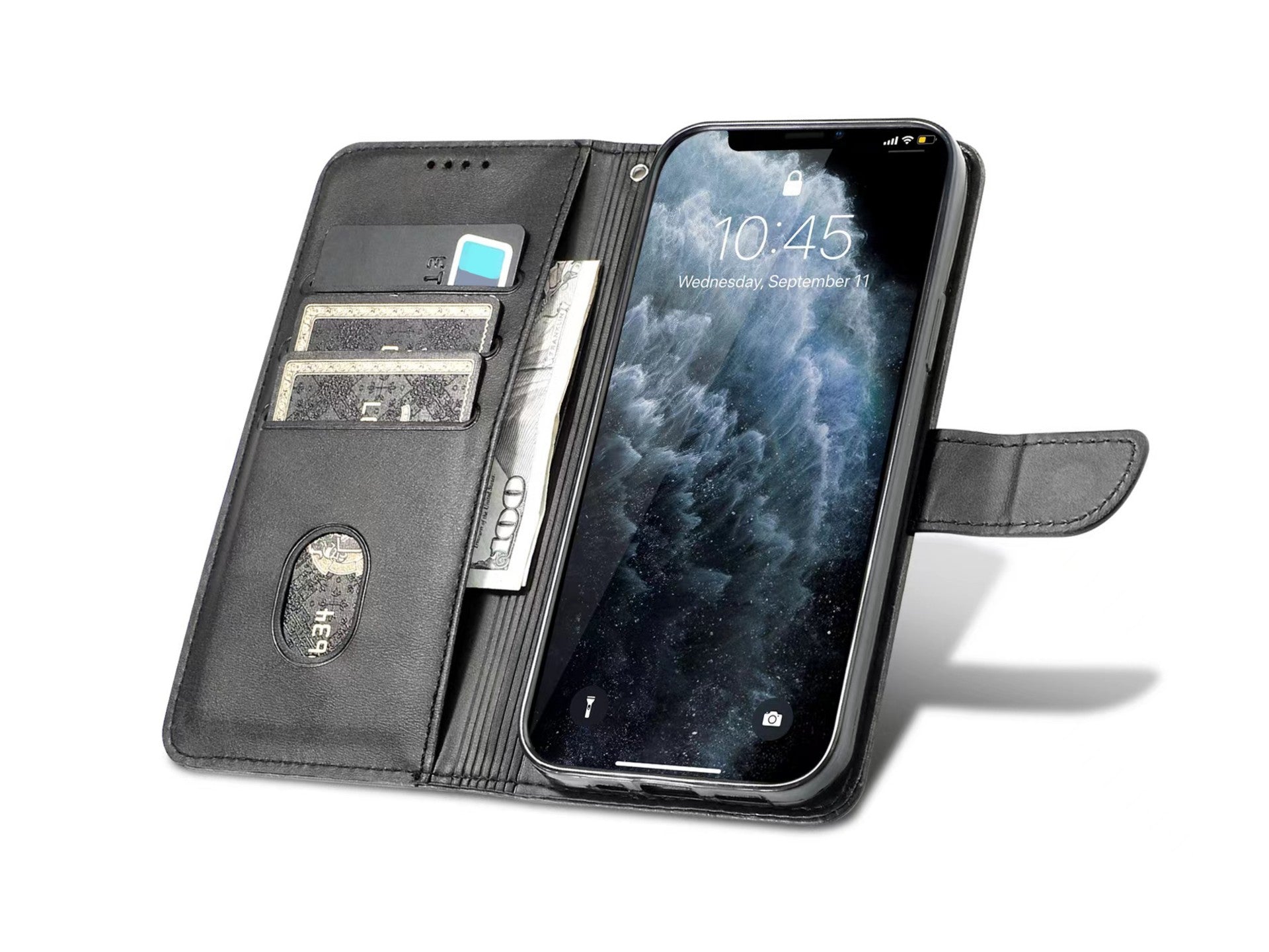 Funda de cuero con tapa para teléfono con 3 ranuras para tarjetas, KX5600, función atril y protección contra caídas, compatible con iPhone 13 Pro, color negro