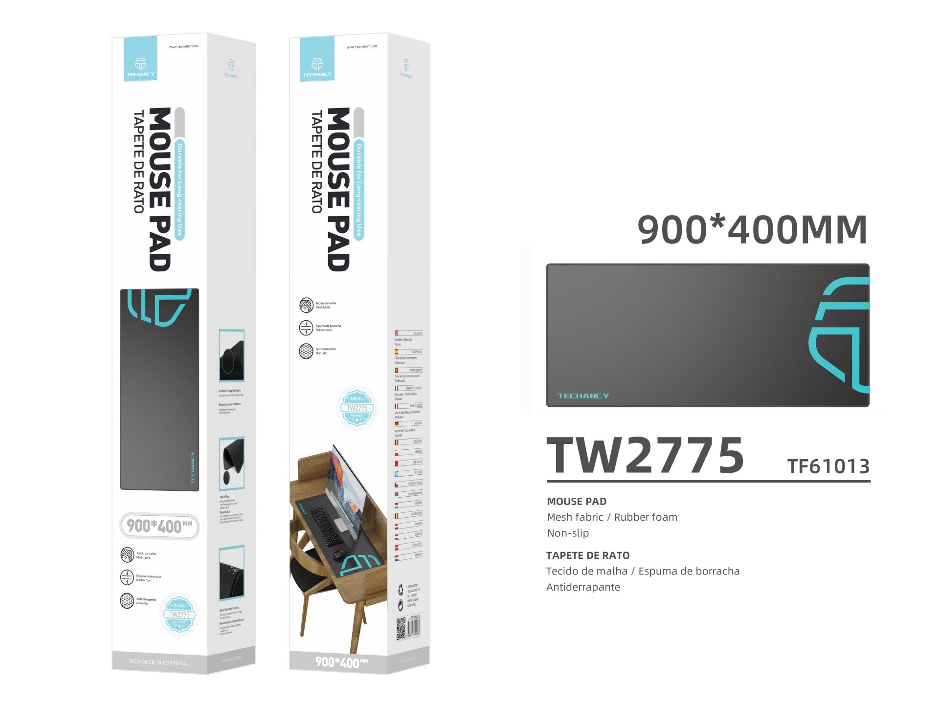Tapete para rato Techancy 40 x 90 cm, TW2775, borracha antiderrapante, adequado para jogos de PC, preto