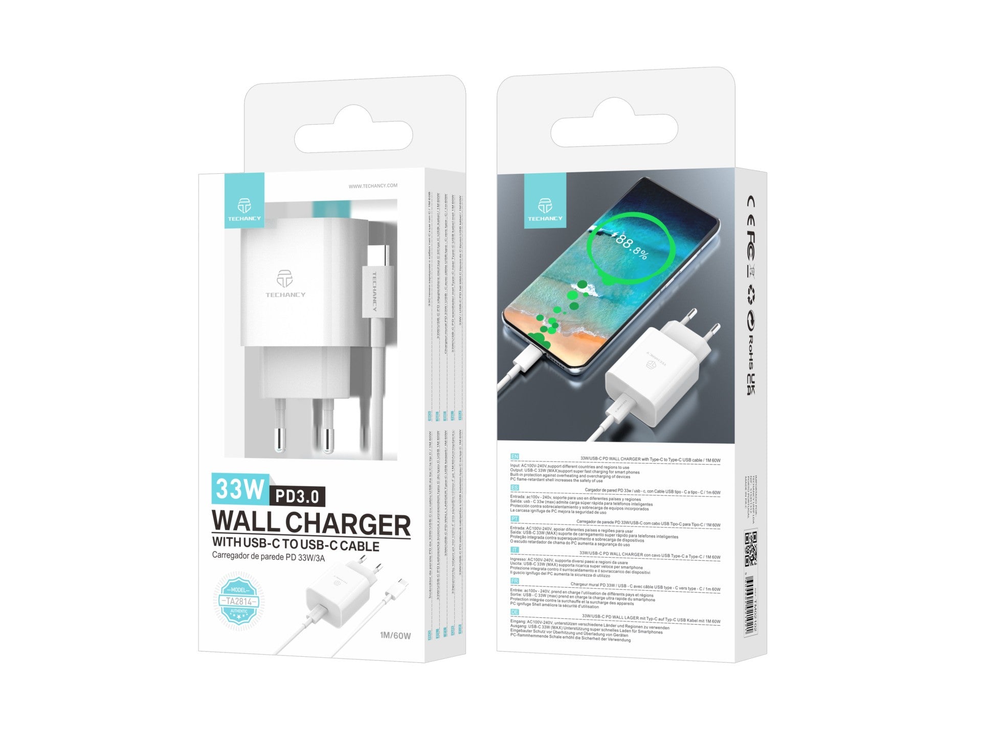 Techancy Carregador de 33 W, TA2814, com cabo USB-C para Type-C de 1 m/60 W PD de carregamento rápido Branco