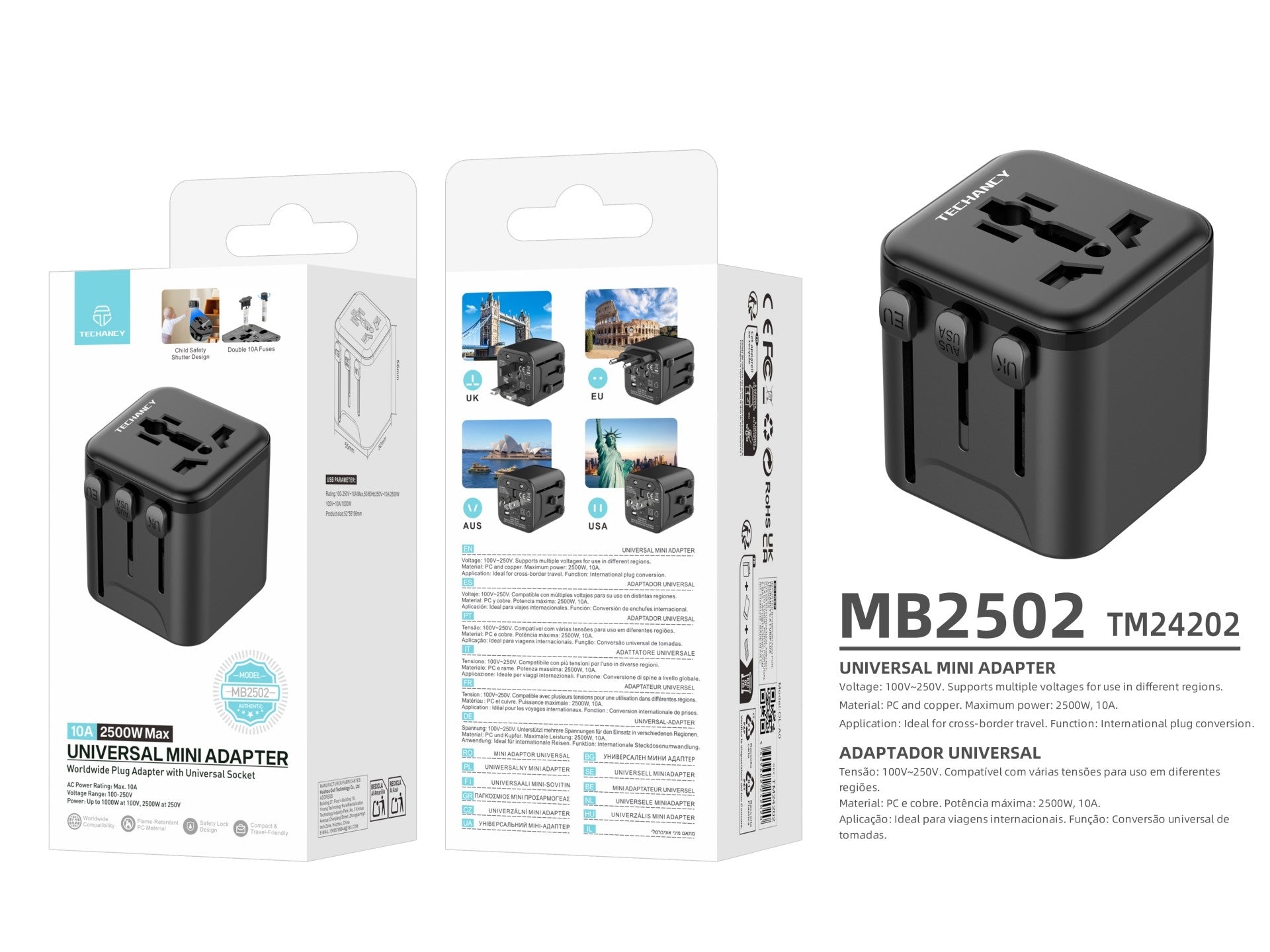 Techancy Universal Travel Adapter MB2502 Converter Worldwide Socket 2500W 10A Compatibility UK EU US AUS Ideal for Travel Black