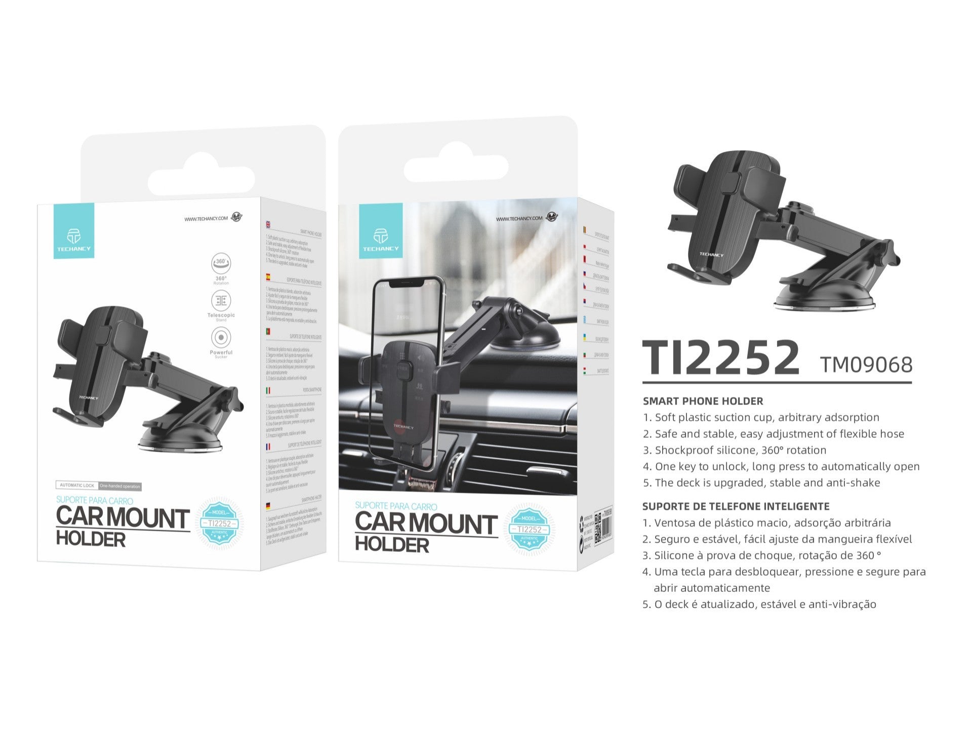 Soporte para teléfono de coche Techancy Ti2252, ventosa de fijación firme, rotación de 360°, desbloqueo con una llave.