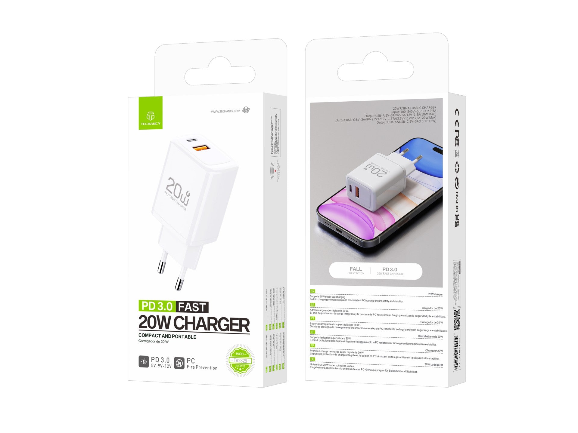 Cargador Techancy TA2825 PD3.0 de 20 W con dos puertos USB-C y USB-A, compatible con varios teléfonos móviles y tabletas.