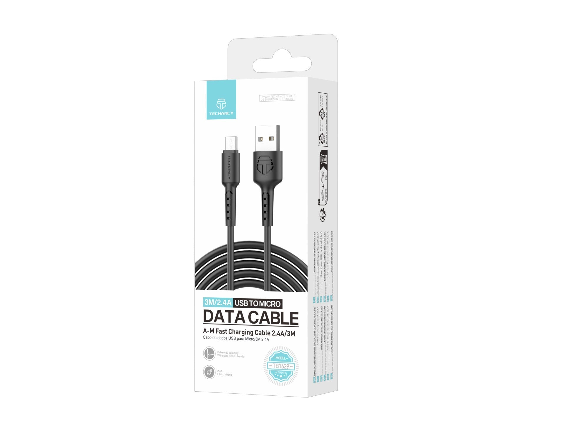 Techancy Black Data Cable TB1629, USB to Micro Fast Charging Cable, 3M/2.4A, Compatible with Android Devices