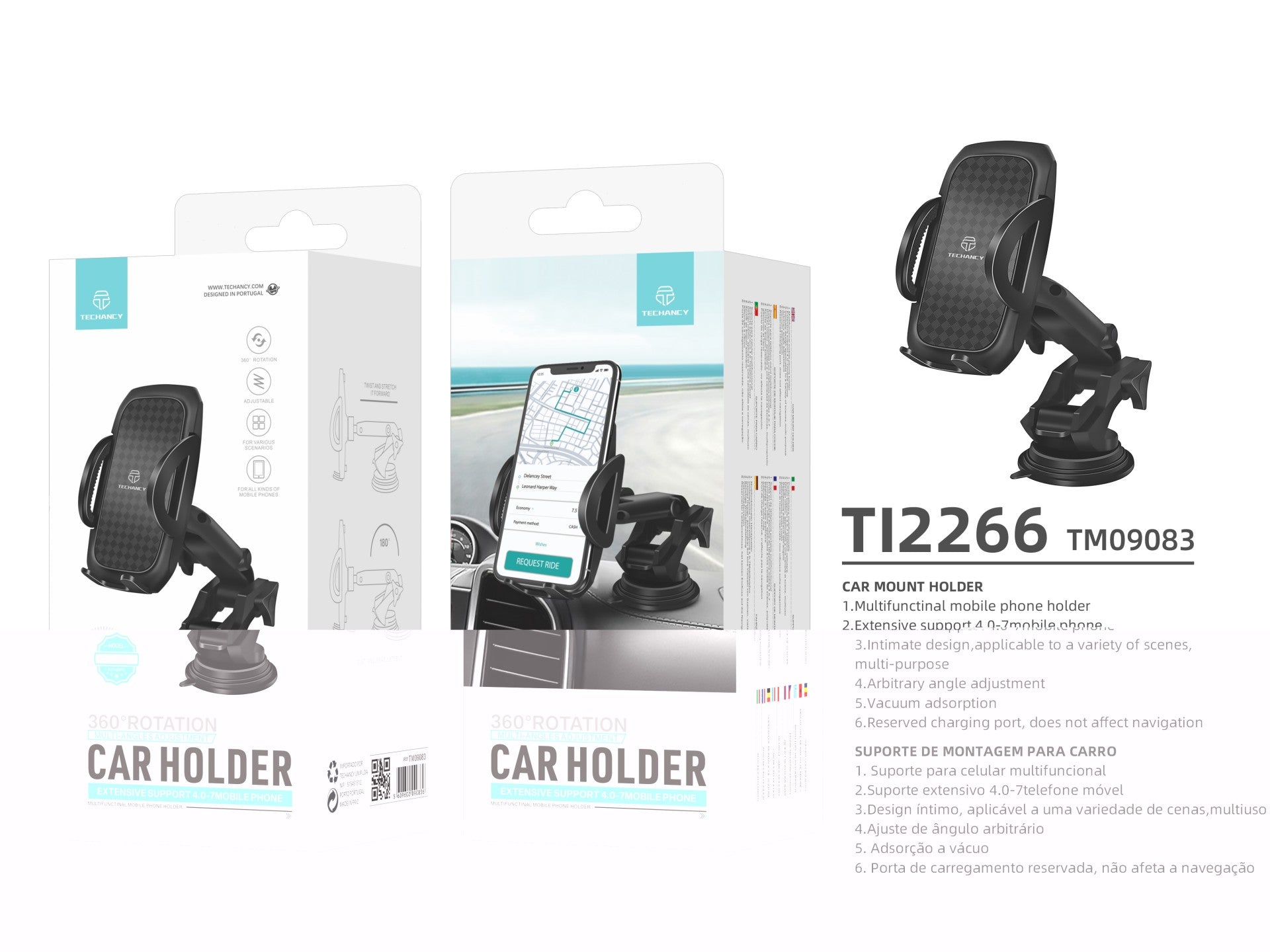 Techancy Ti2266 Car Phone Holder, Compatible with 4.0 to 7 Inch Phones. Suction Cup Mount