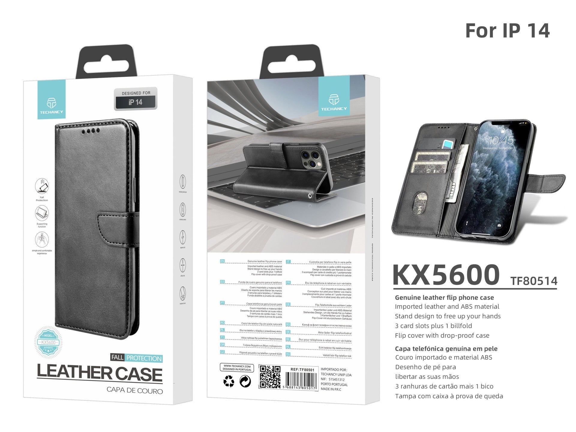 Capa flip em couro para telemóvel com 3 ranhuras para cartões, KX5600, função suporte e proteção contra quedas, compatível com iPhone 14, Preto