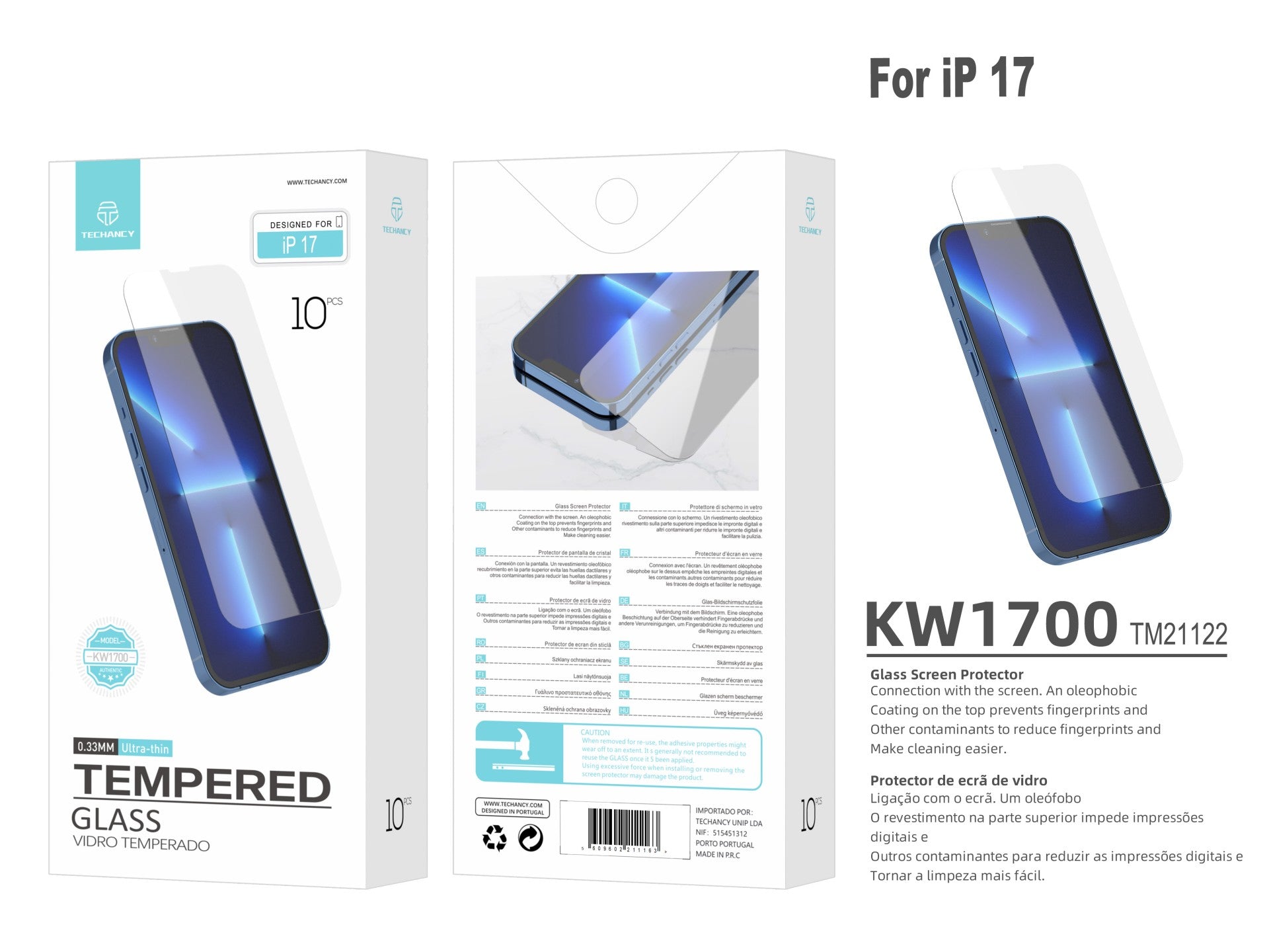 Techancy Tempered Glass Screen Protector for iPhone 17 KW1700, 0.33MM Ultra Thin, Anti-Fingerprint, Anti-Scratch, HD Clear
