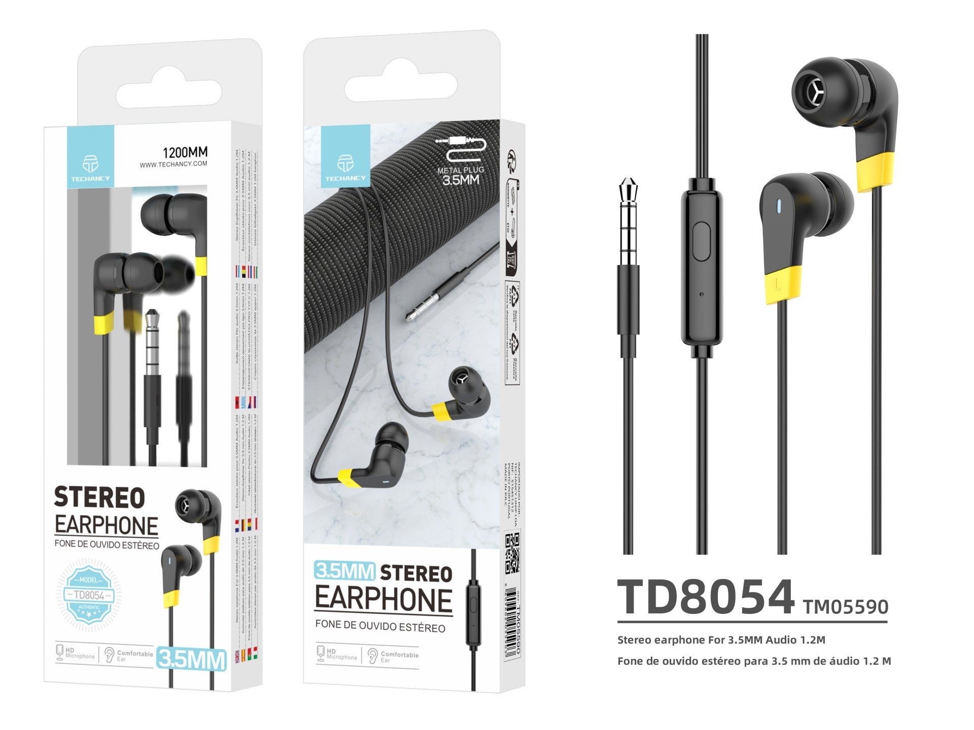 Techancy Auricular Estéreo TD8054, 1,2 Metros, 3,5 Mm, Qualidade De Som Nítida, Confortável De Usar, Preto