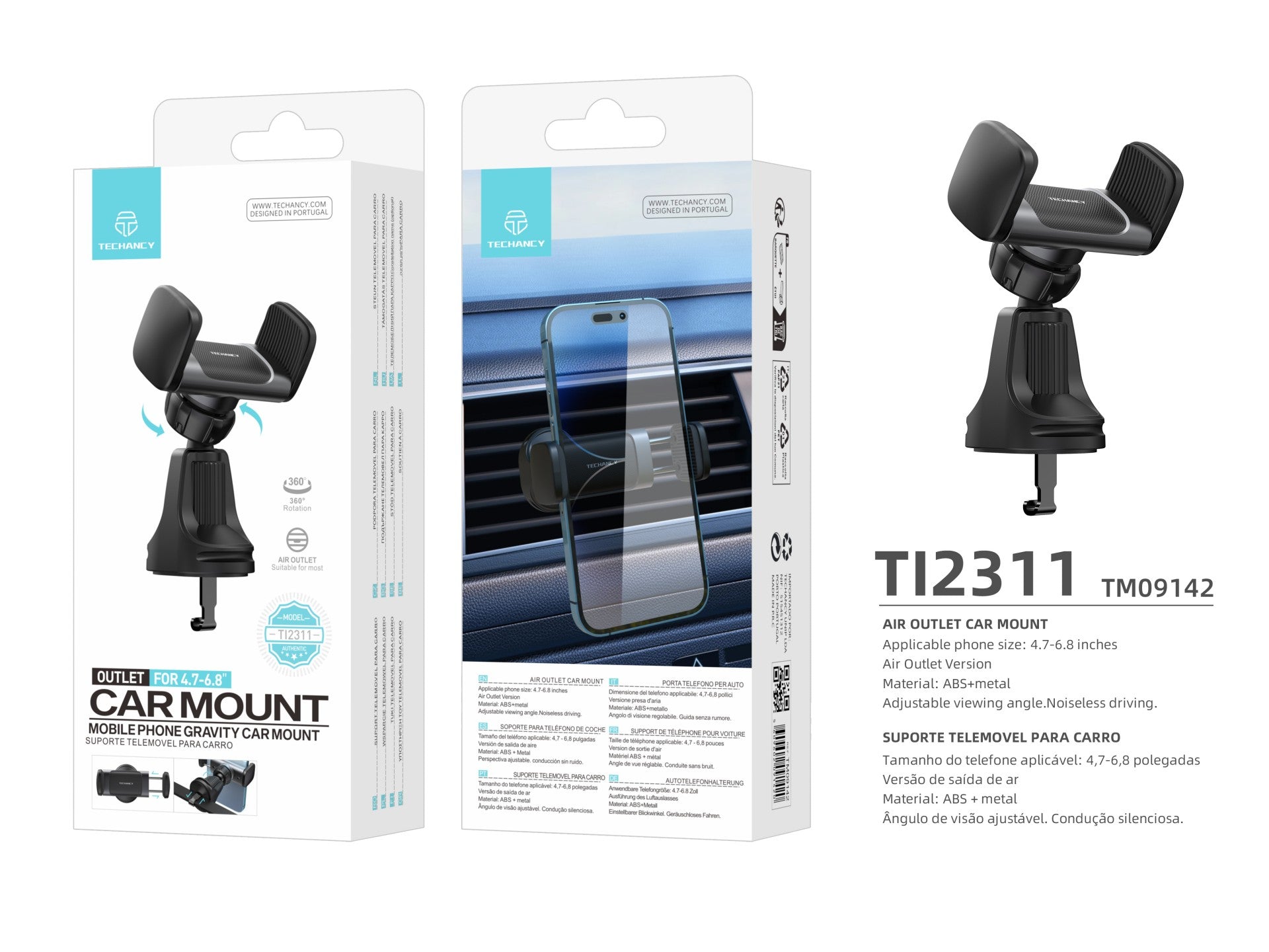 Techancy Suporte Para Telemóvel Para Automóvel Ti2311 Preto, Suporte De Ventilação Para Automóvel, Telemóvel De 4,7-6,8 Polegadas