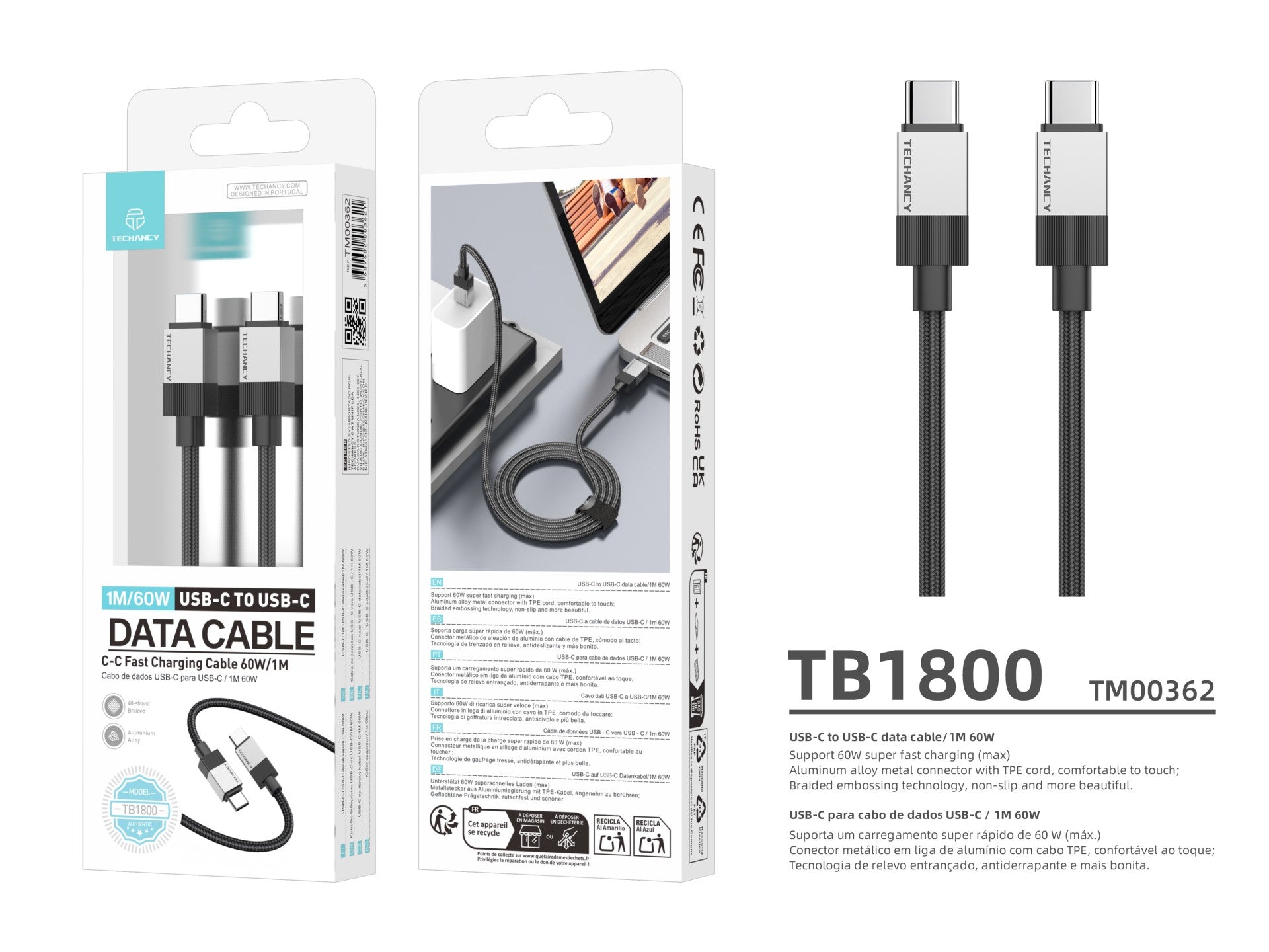 Techancy PD Data Cable TB1800, 60W, 1m Black, USB-C to USB-C, Aluminum Alloy Connector, Locked Design, Fast Charging