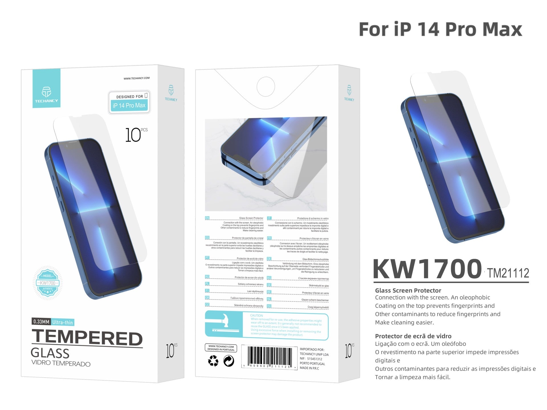 Techancy Película de Vidro Temperado para iPhone 14 Pro Max KW1700 , 0.33MM, Anti-riscos, Alta Transparência, Fácil Aplicação
