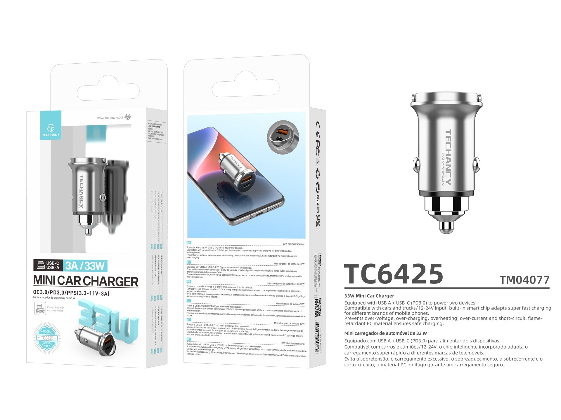 Techancy Mini Carregador TC6425, 33W, USB-A+USB-C, Liga de AlumInio, CompatIvel com Carros, Design Seguro e Confiavel