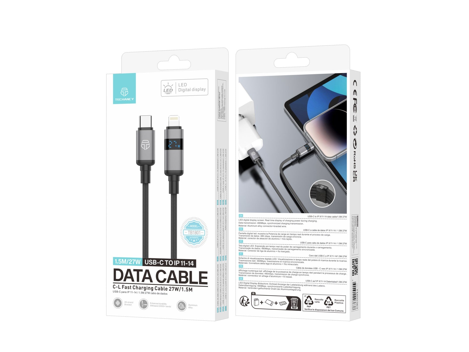 Techancy USB-C to Lightning Cable TB1801, 27W, 1.5m Black, LED Power Display, Aluminum Connector, Braided Wire