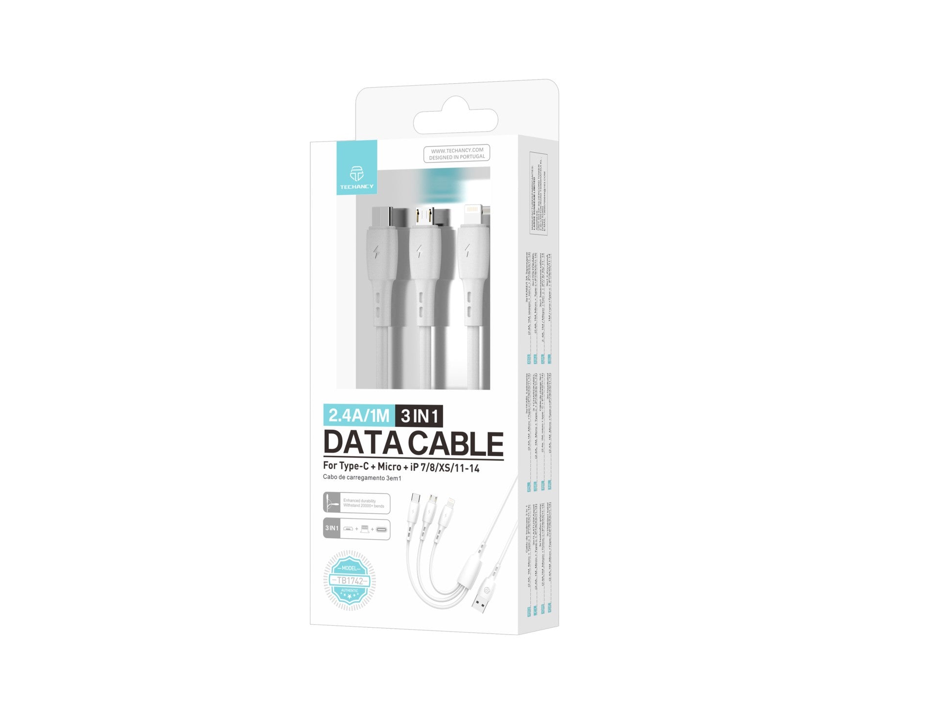 Cable 3 en 1 Techancy TB1742, 2,4 A, 1 m, blanco, USB-C/Micro/Lightning, compatible con varios dispositivos, diseño resistente